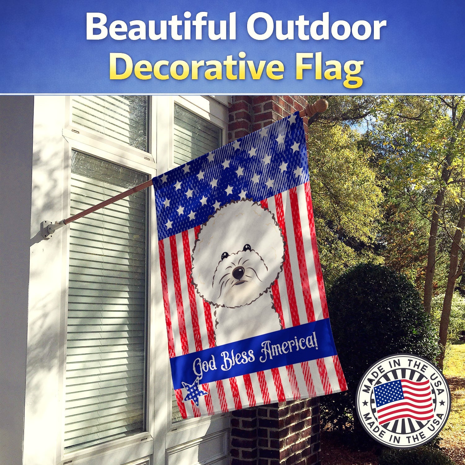 American Flag and Bichon Frise House Flag 28x40 Porch Sleeve Pole Decorative Outside Yard Banner Artwork Wall Hanging, Polyester
