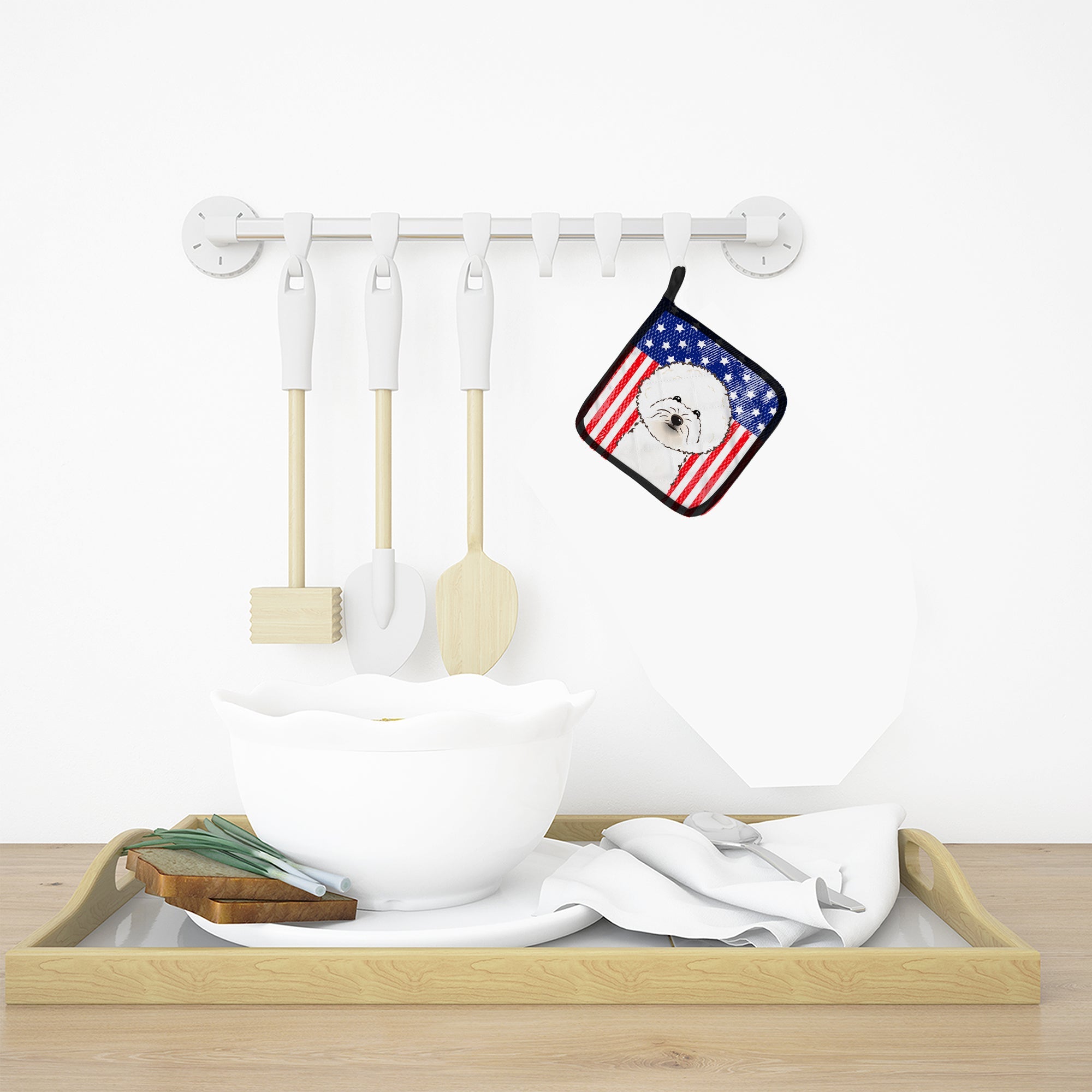 American Flag and Bichon Frise Pot Holder Set of 2 Heat Resistant Quilted Hot Pads 7.5 x 7.5 Inch, Insulated Kitchen Trivets for Cooking & Baking