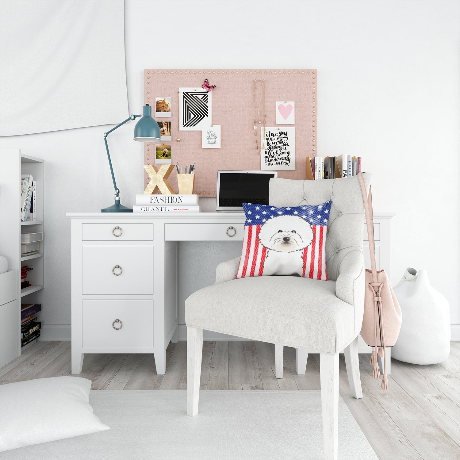 American Flag and Bichon Frise Decorative Throw Pillow 14x14 Indoor Outdoor Accent Cushion, Fabric Cover with Insert for Sofa, Bed, Porch & Living Room