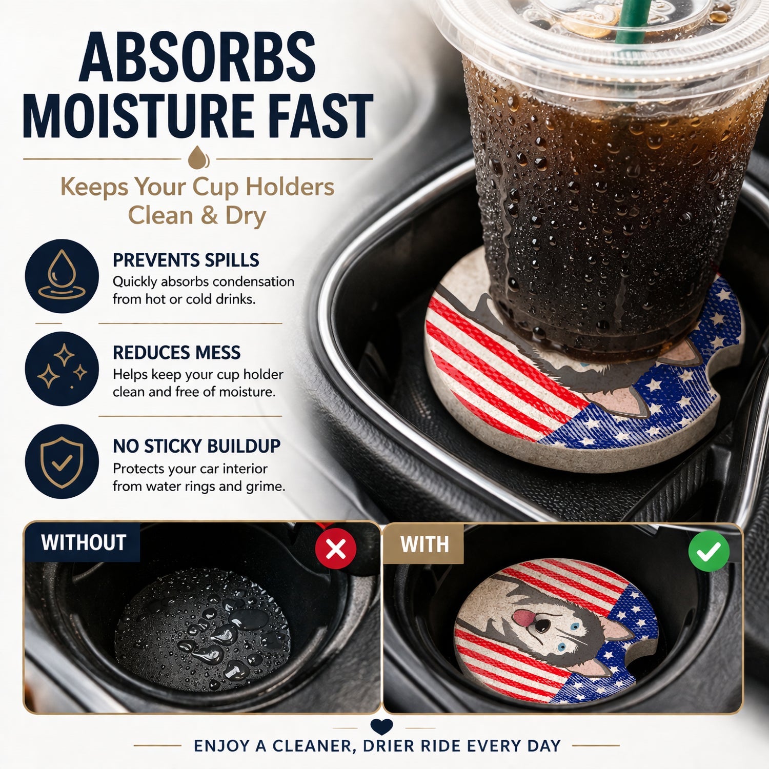 American Flag and Alaskan Malamute Set of 2 Cup Holder Car Coasters Absorbent Round Sandstone Coasters Gifts for Men or Women, 2.5, Multicolor