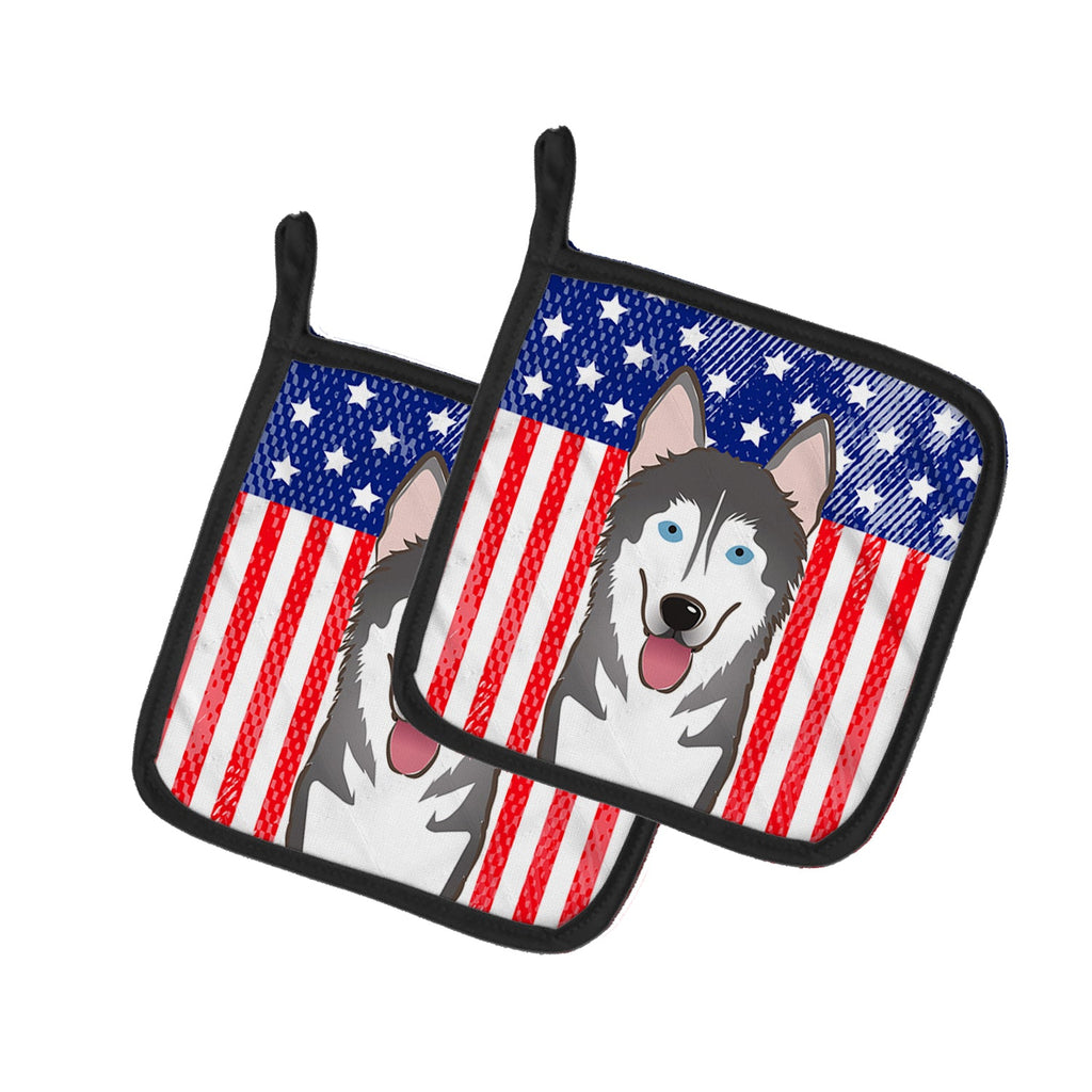 American Flag and Alaskan Malamute Pot Holder Set of 2 Heat Resistant Quilted Hot Pads 7.5 x 7.5 Inch, Insulated Kitchen Trivets for Cooking & Baking