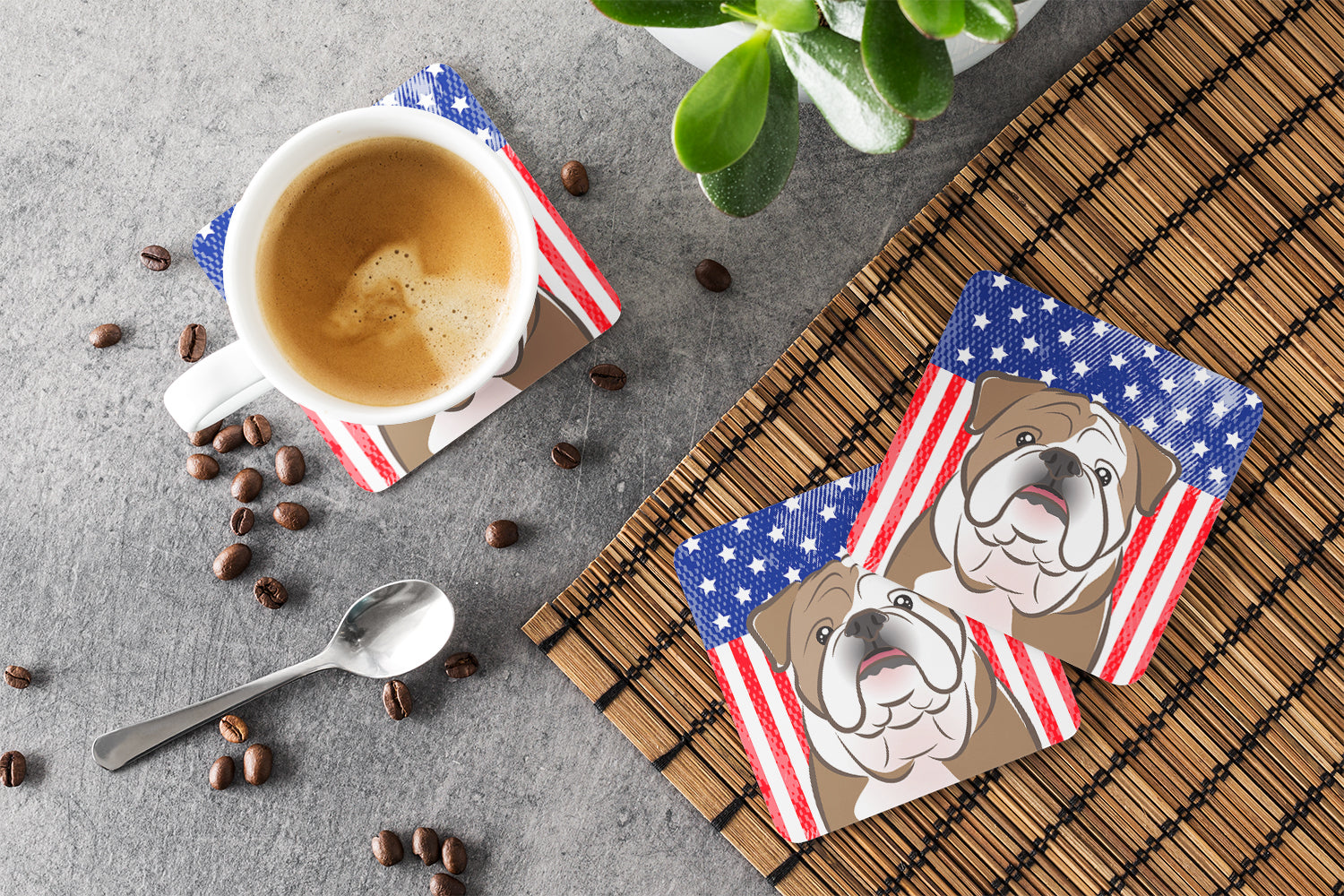 American Flag and English Bulldog  Foam Coasters Set of 4 Cup Coasters for Indoor Outdoor, Tabletop Protection, Anti Slip, Mouse pad Material
