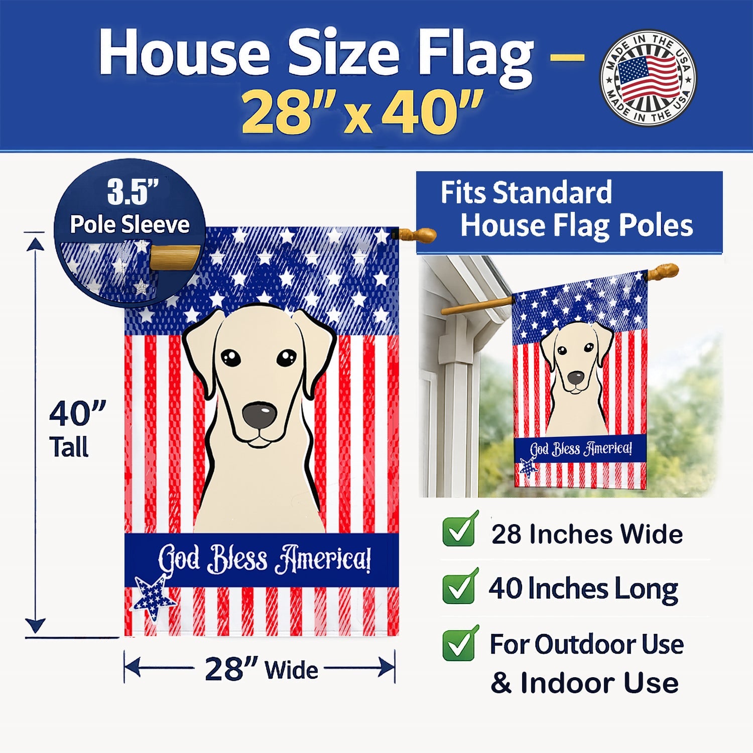 American Flag and Yellow Labrador House Flag 28x40 Porch Sleeve Pole Decorative Outside Yard Banner Artwork Wall Hanging, Polyester
