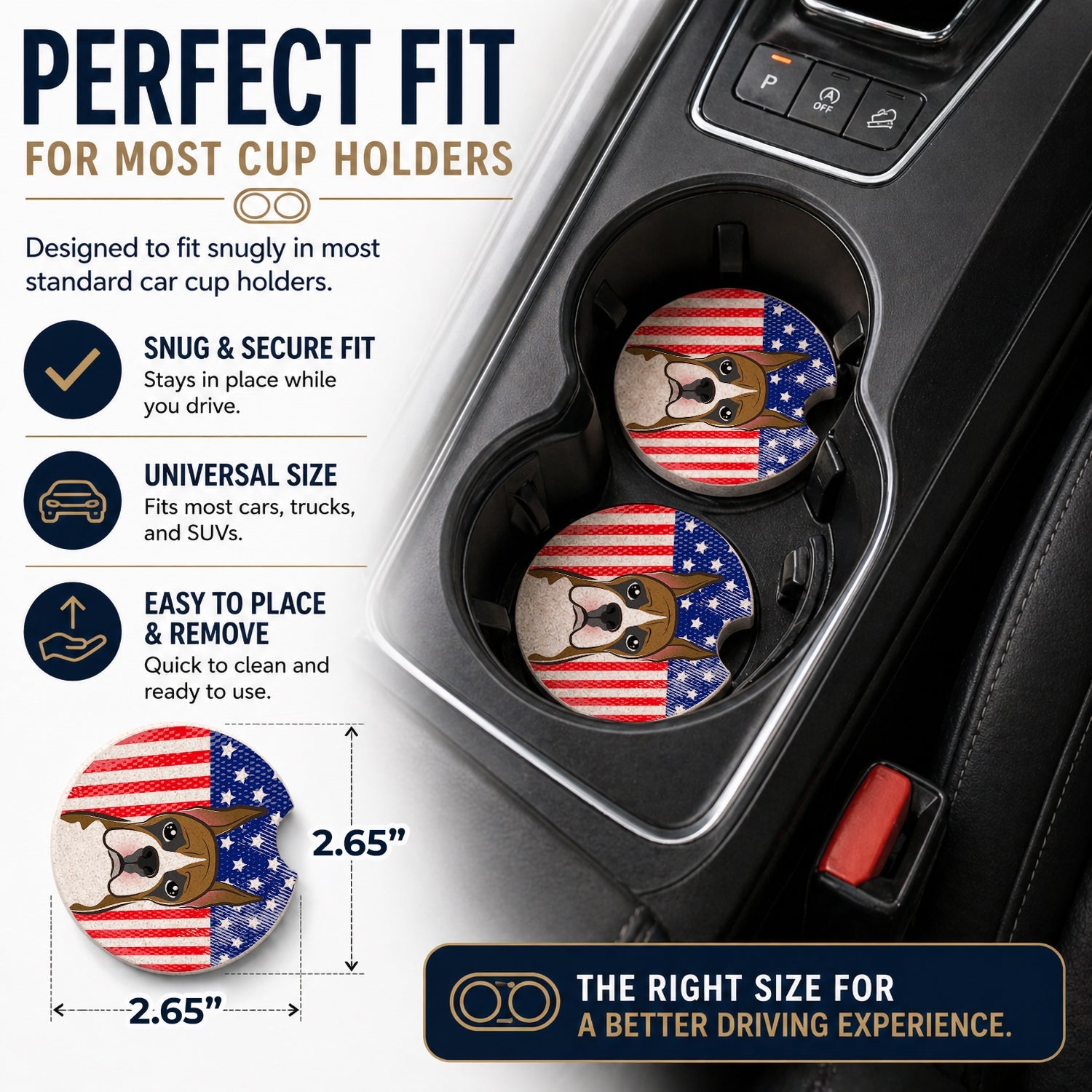 American Flag and Boxer Set of 2 Cup Holder Car Coasters Absorbent Round Sandstone Coasters Gifts for Men or Women, 2.5, Multicolor