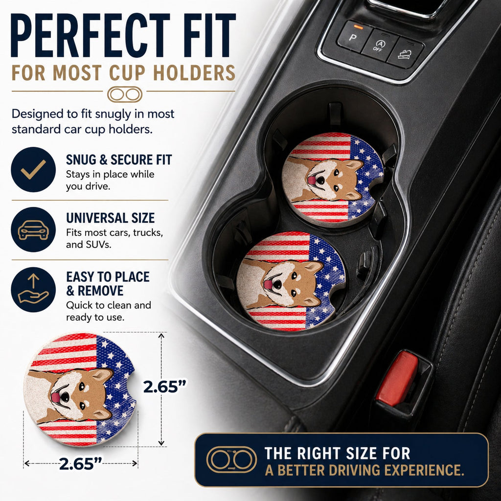 American Flag and Shiba Inu Set of 2 Cup Holder Car Coasters Absorbent Round Sandstone Coasters Gifts for Men or Women, 2.5, Multicolor