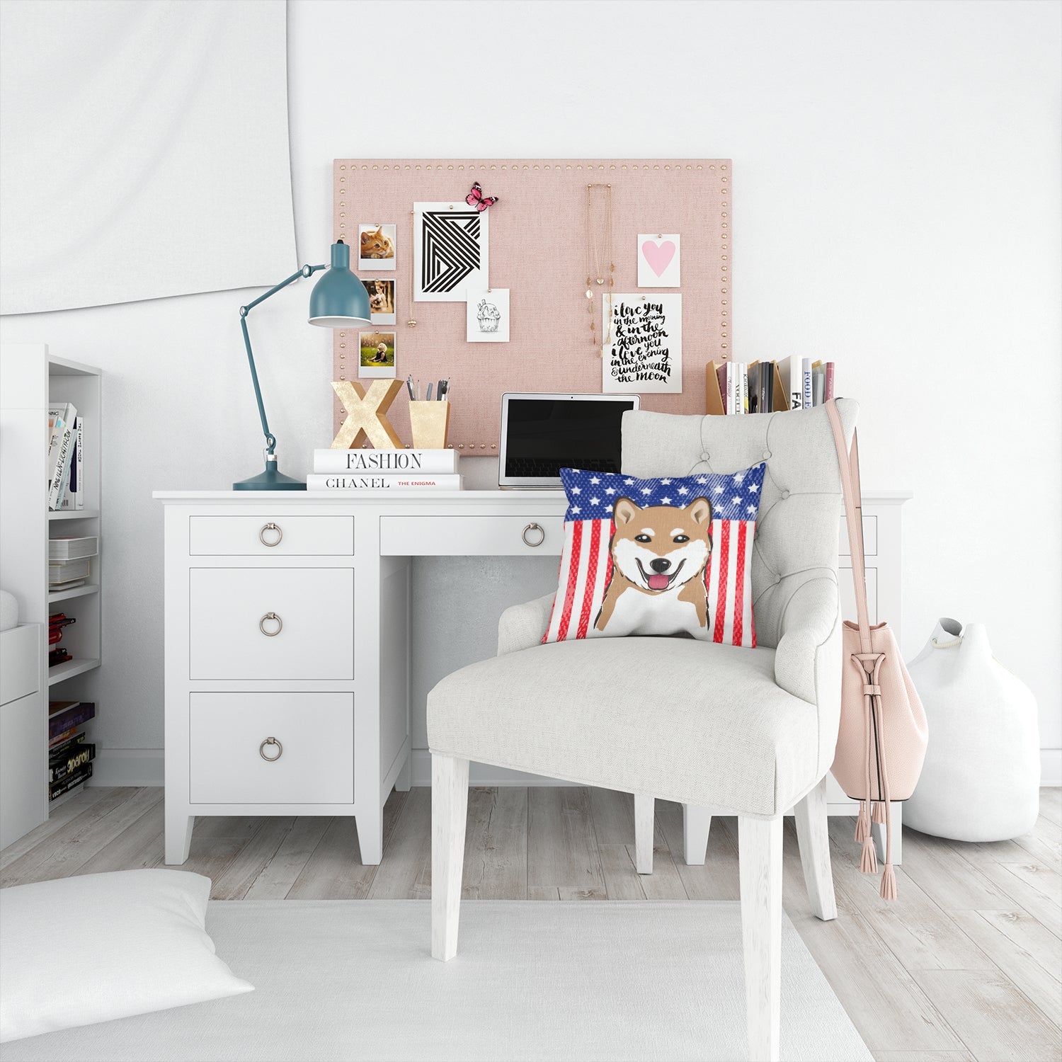 American Flag and Shiba Inu Decorative Throw Pillow 14x14 Indoor Outdoor Accent Cushion, Fabric Cover with Insert for Sofa, Bed, Porch & Living Room