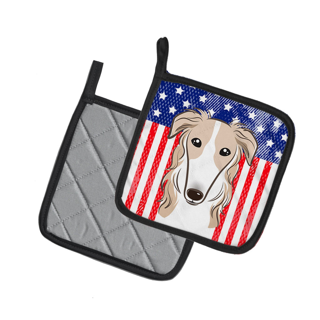American Flag and Borzoi Pot Holder Set of 2 Heat Resistant Quilted Hot Pads 7.5 x 7.5 Inch, Insulated Kitchen Trivets for Cooking & Baking