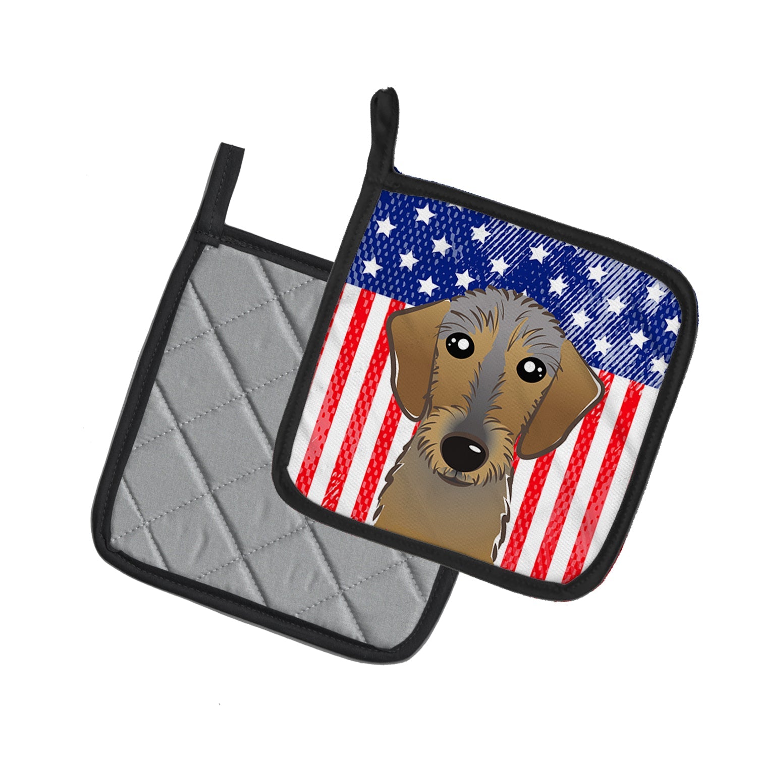 American Flag and Wirehaired Dachshund Pot Holder Set of 2 Heat Resistant Quilted Hot Pads 7.5 x 7.5 Inch, Insulated Kitchen Trivets for Cooking & Baking