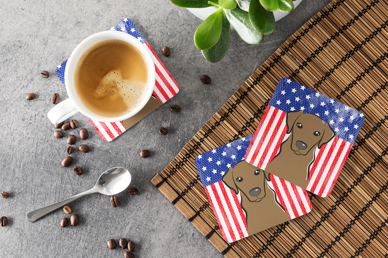 American Flag and Chocolate Labrador Foam Coasters Set of 4 Cup Coasters for Indoor Outdoor, Tabletop Protection, Anti Slip, Mouse pad Material