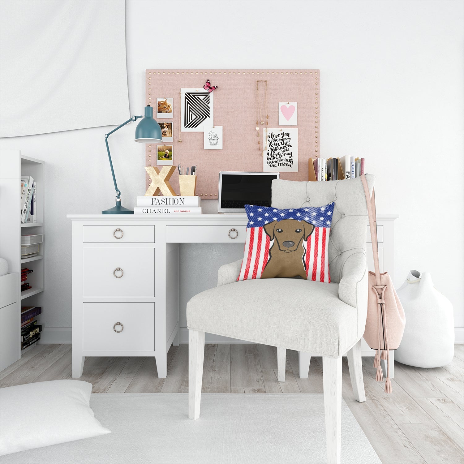 American Flag and Chocolate Labrador Decorative Throw Pillow 14x14 Indoor Outdoor Accent Cushion, Fabric Cover with Insert for Sofa, Bed, Porch & Living Room