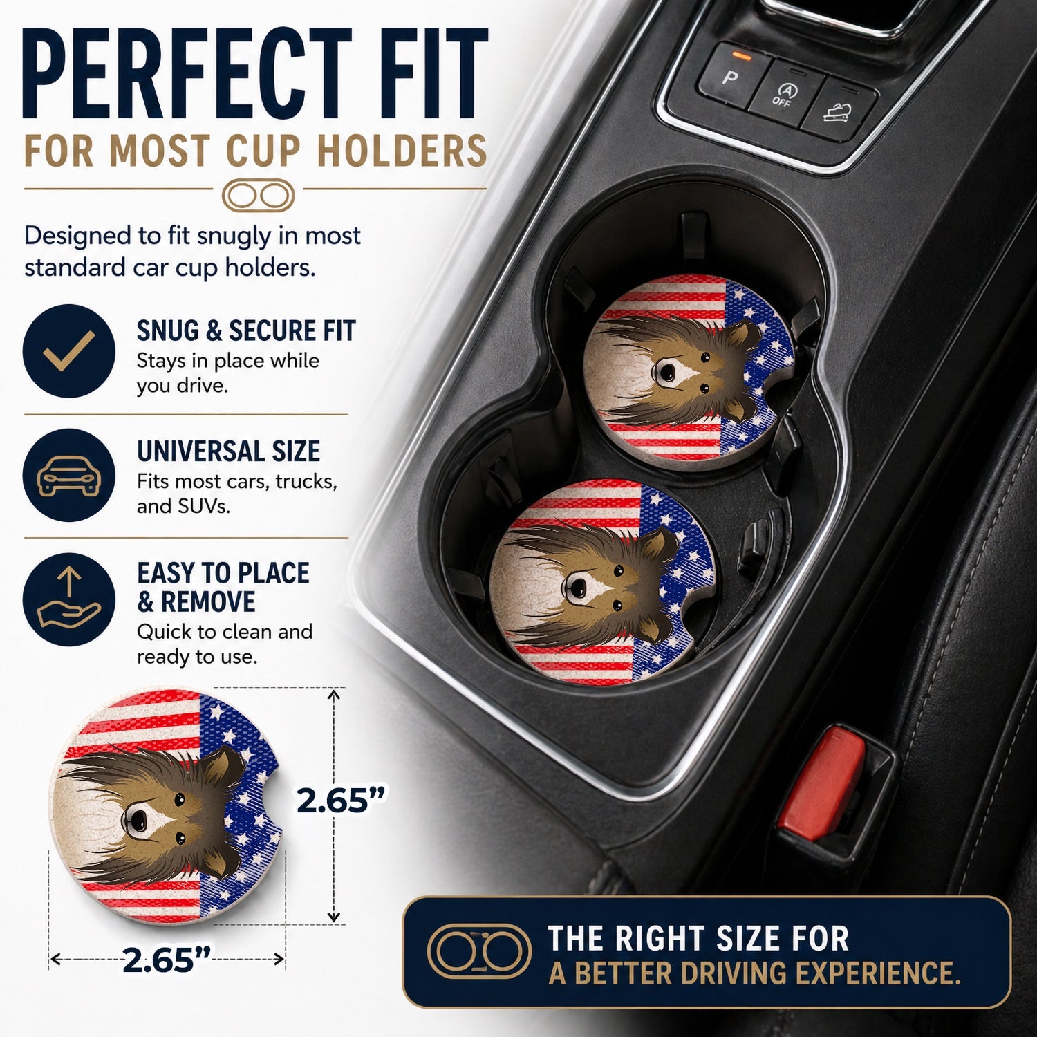 American Flag and Sheltie Set of 2 Cup Holder Car Coasters Absorbent Round Sandstone Coasters Gifts for Men or Women, 2.5, Multicolor