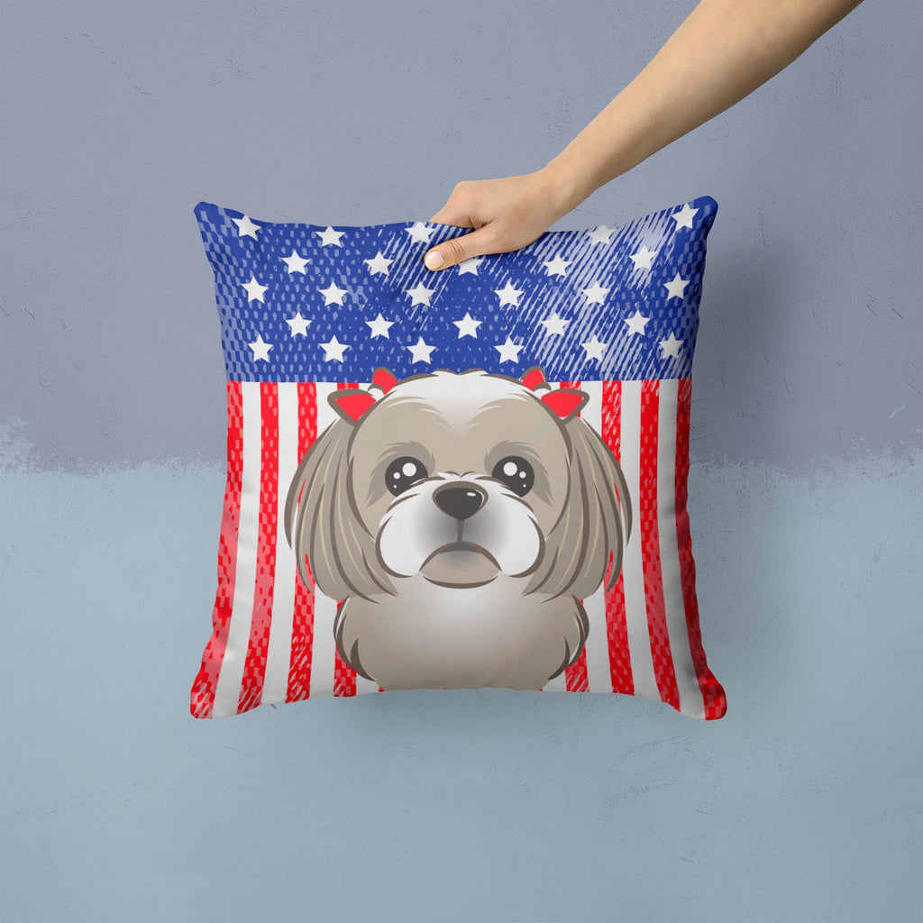 American Flag and Gray Silver Shih Tzu Decorative Throw Pillow 14x14 Indoor Outdoor Accent Cushion, Fabric Cover with Insert for Sofa, Bed, Porch & Living Room