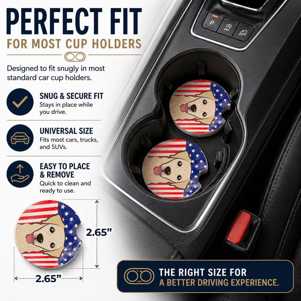 American Flag and Golden Retriever Set of 2 Cup Holder Car Coasters Absorbent Round Sandstone Coasters Gifts for Men or Women, 2.5, Multicolor