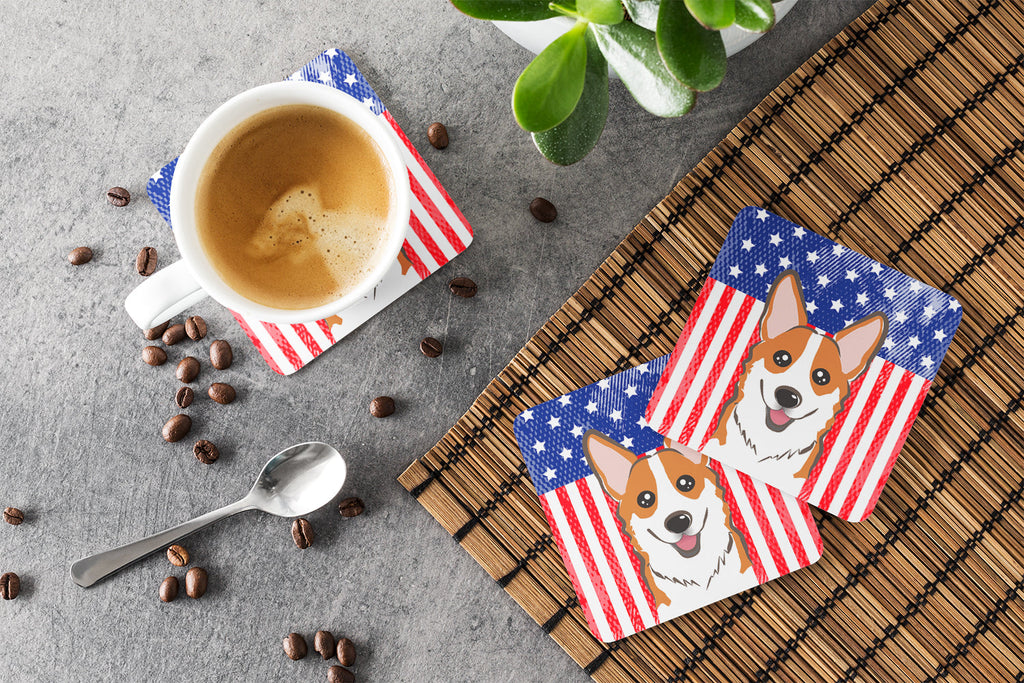 American Flag and Red Corgi Foam Coasters Set of 4 Cup Coasters for Indoor Outdoor, Tabletop Protection, Anti Slip, Mouse pad Material