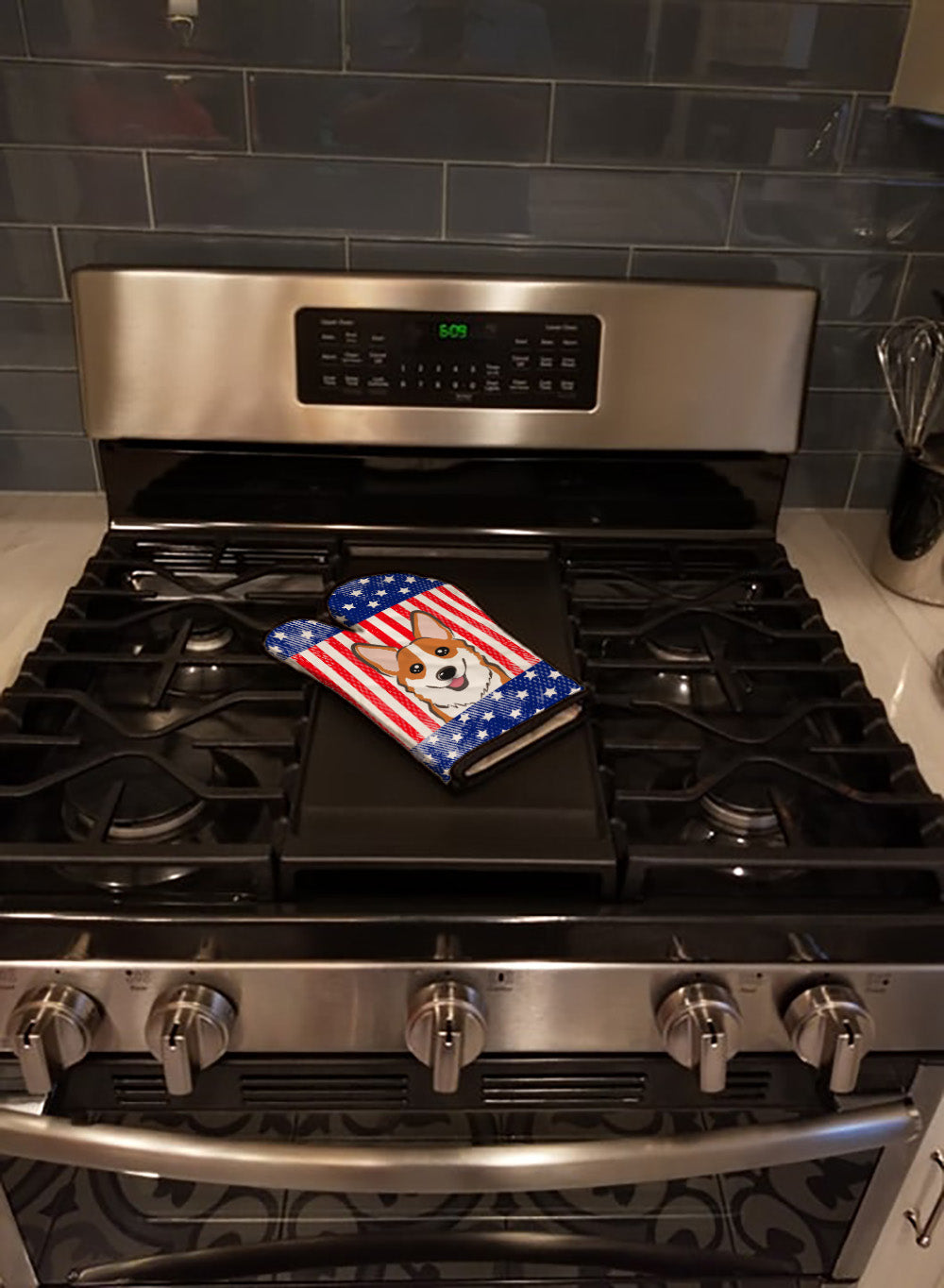 American Flag and Red Corgi Oven Mitt Heat Resistant Thick Oven Mitt for Hot Pans and Oven, Kitchen Mitt Protect Hands, Cooking Baking Glove