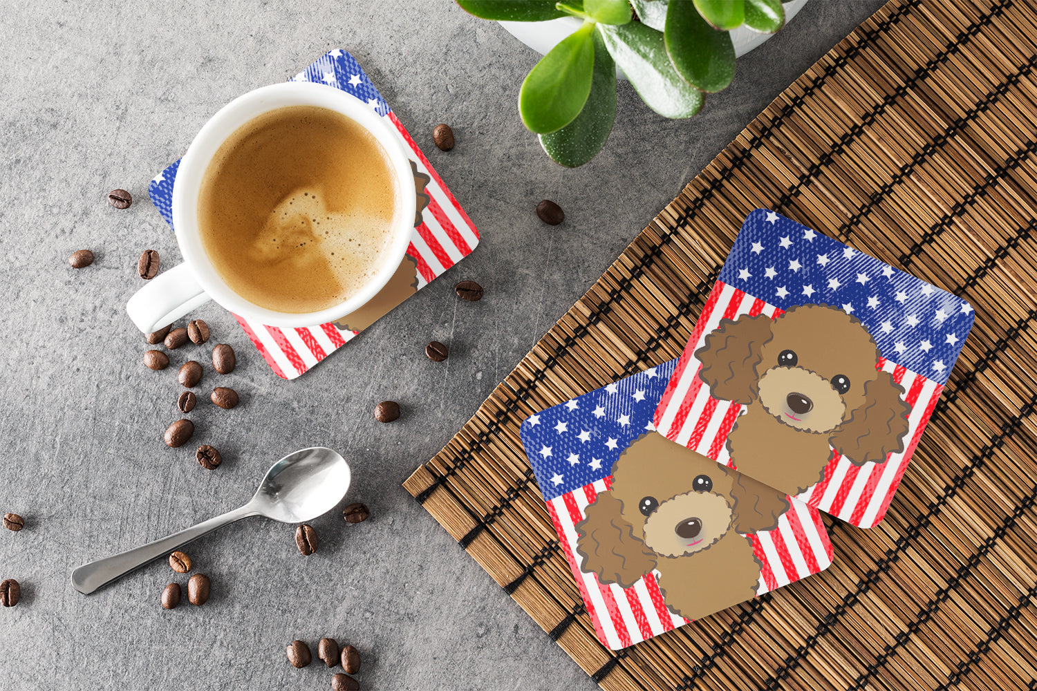 American Flag and Chocolate Brown Poodle Foam Coasters Set of 4 Cup Coasters for Indoor Outdoor, Tabletop Protection, Anti Slip, Mouse pad Material