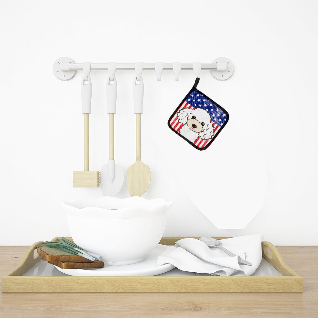 American Flag and White Poodle Pot Holder Set of 2 Heat Resistant Quilted Hot Pads 7.5 x 7.5 Inch, Insulated Kitchen Trivets for Cooking & Baking