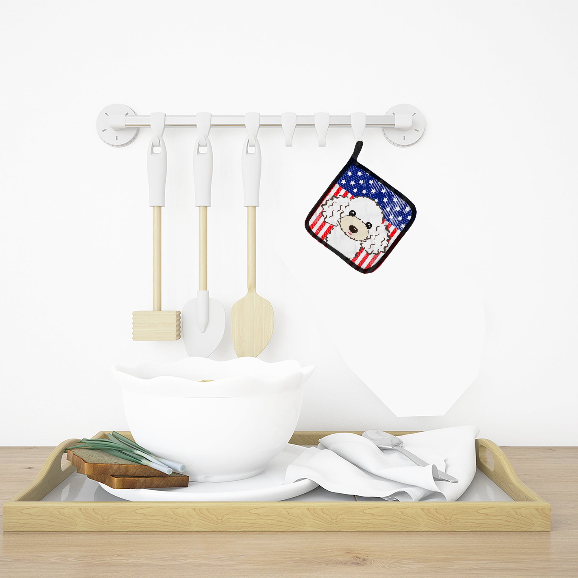 American Flag and White Poodle Pot Holder Set of 2 Heat Resistant Quilted Hot Pads 7.5 x 7.5 Inch, Insulated Kitchen Trivets for Cooking & Baking