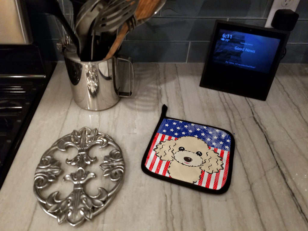 American Flag and Buff Poodle Pot Holder Set of 2 Heat Resistant Quilted Hot Pads 7.5 x 7.5 Inch, Insulated Kitchen Trivets for Cooking & Baking