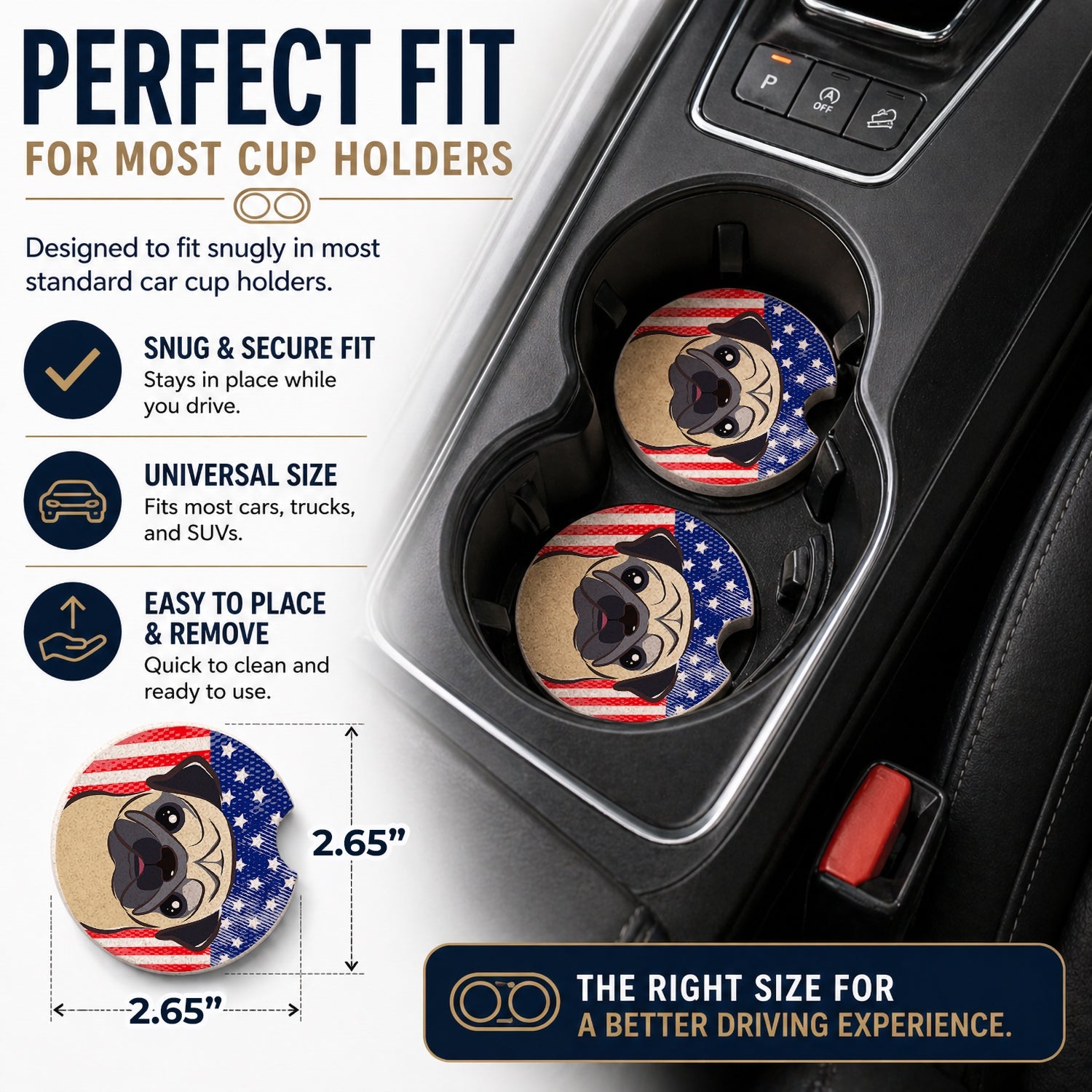 American Flag and Fawn Pug Set of 2 Cup Holder Car Coasters Absorbent Round Sandstone Coasters Gifts for Men or Women, 2.5, Multicolor