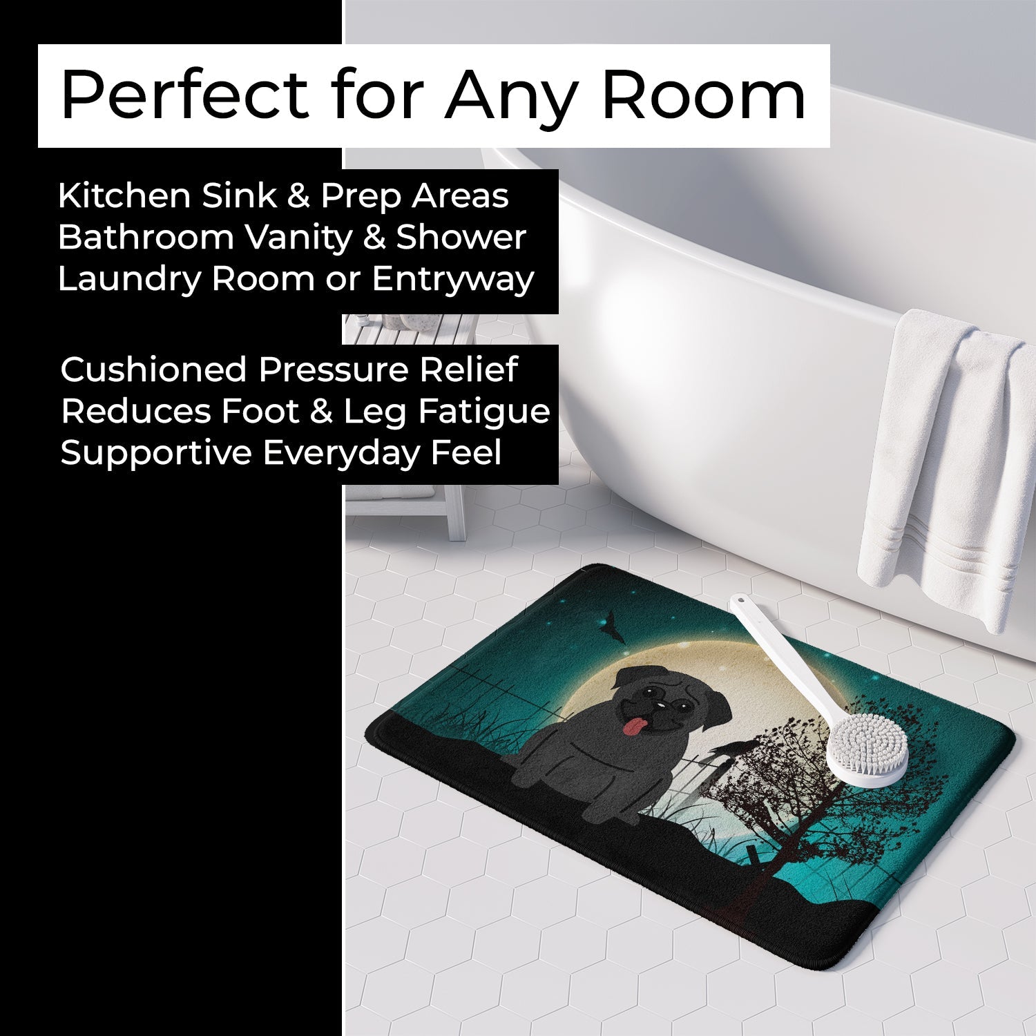 Halloween Scary Pug Black Memory Foam Kitchen Mat Machine Washable Anti-Fatigue Cushion Comfort Bath or Kitchen Rug