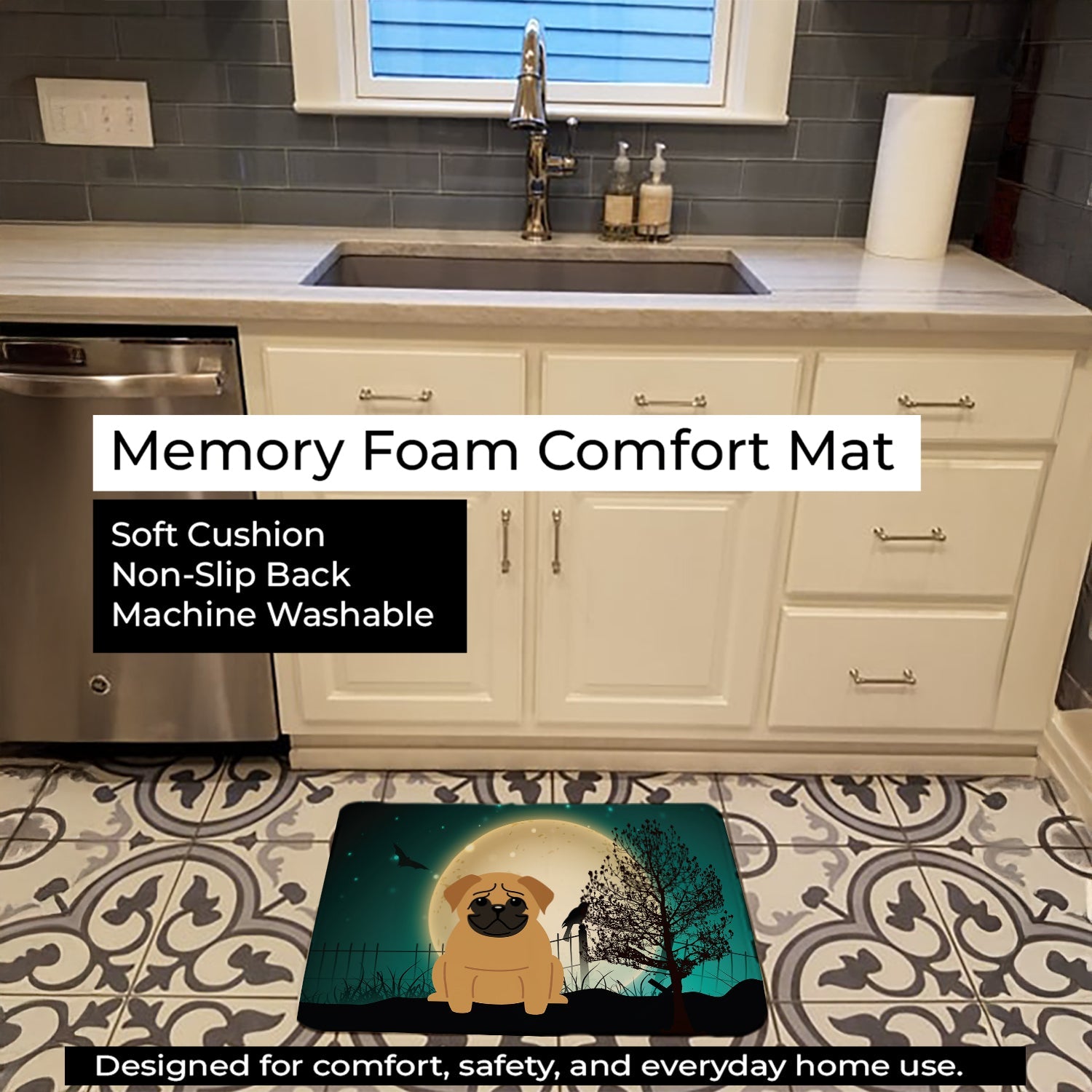 Halloween Scary Pug Brown Memory Foam Kitchen Mat Machine Washable Anti-Fatigue Cushion Comfort Bath or Kitchen Rug