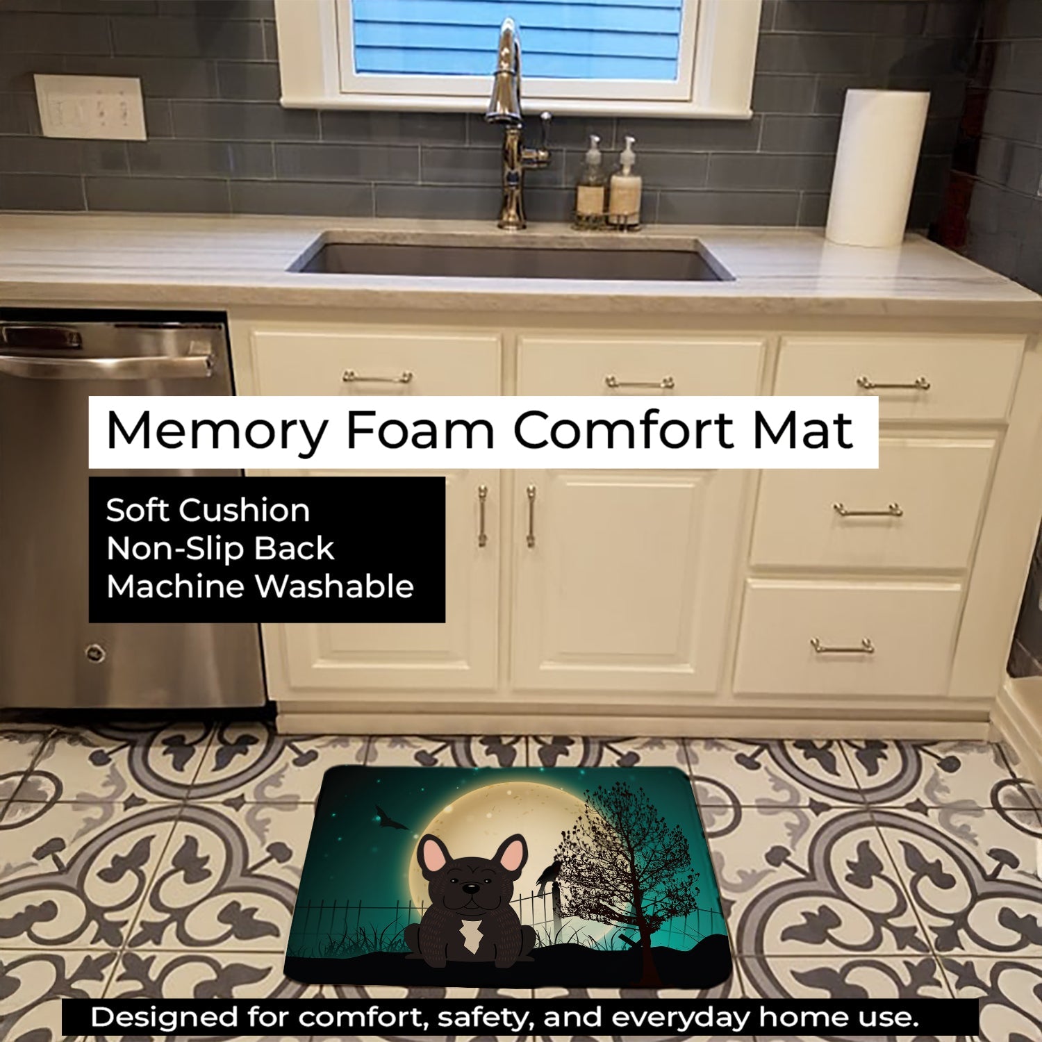 Halloween Scary French Bulldog Brindle Memory Foam Kitchen Mat Machine Washable Anti-Fatigue Cushion Comfort Bath or Kitchen Rug