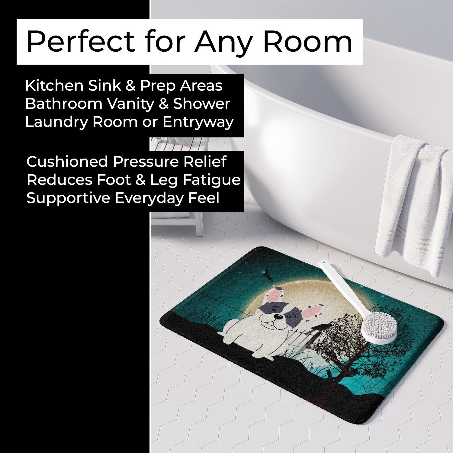 Halloween Scary French Bulldog Piebald Memory Foam Kitchen Mat Machine Washable Anti-Fatigue Cushion Comfort Bath or Kitchen Rug
