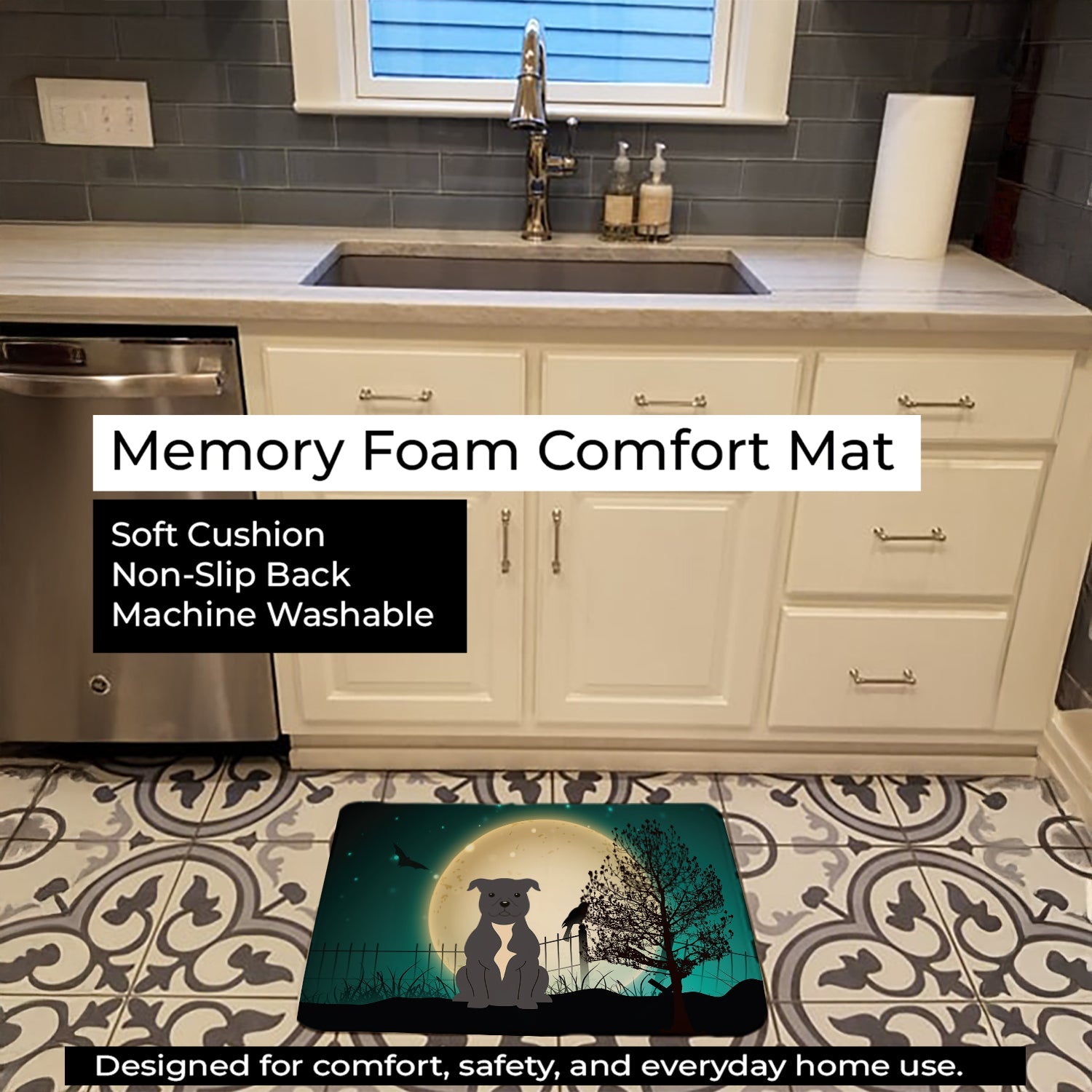 Halloween Scary Staffordshire Bull Terrier Blue Memory Foam Kitchen Mat Machine Washable Anti-Fatigue Cushion Comfort Bath or Kitchen Rug