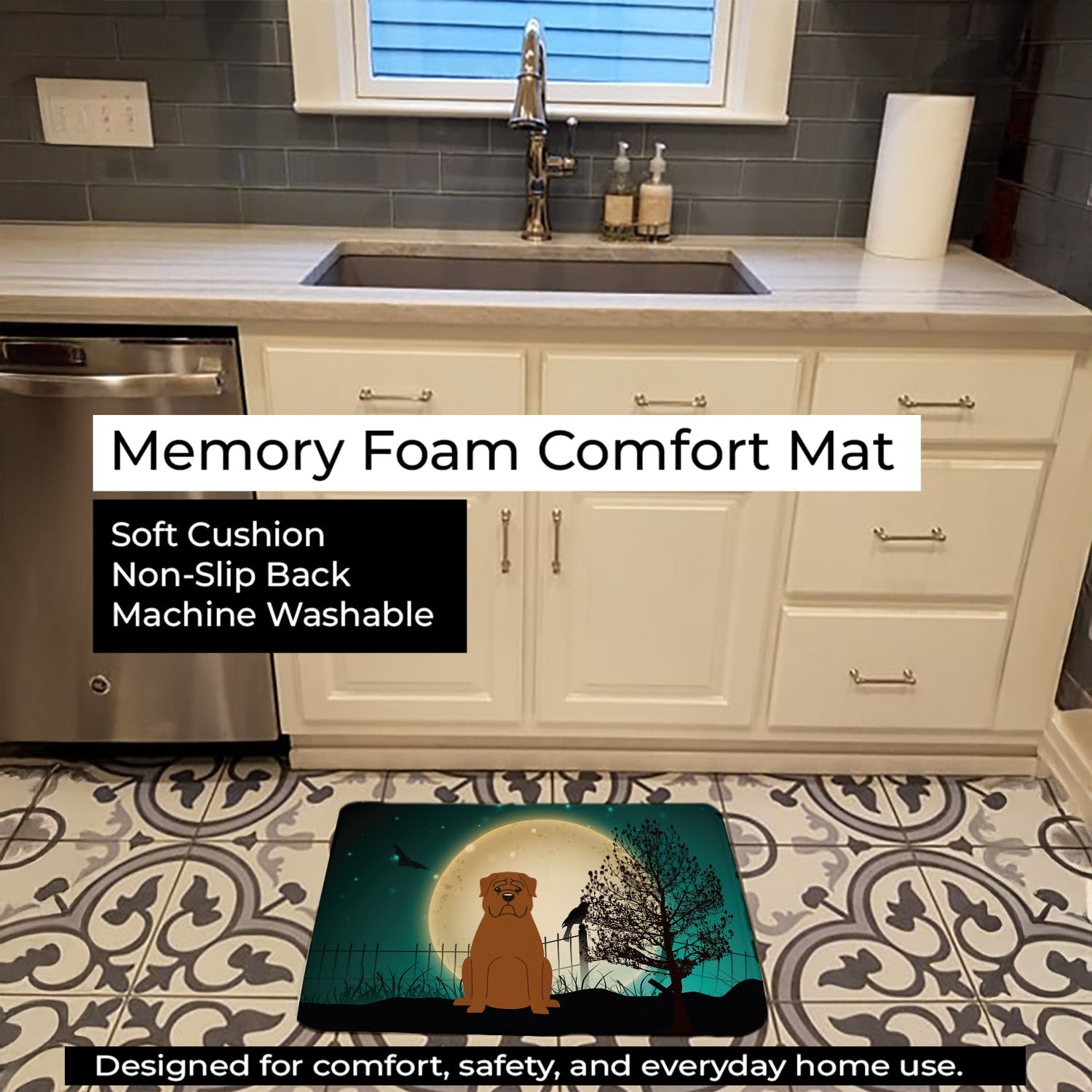 Halloween Scary Dogue de Bourdeaux Memory Foam Kitchen Mat Machine Washable Anti-Fatigue Cushion Comfort Bath or Kitchen Rug