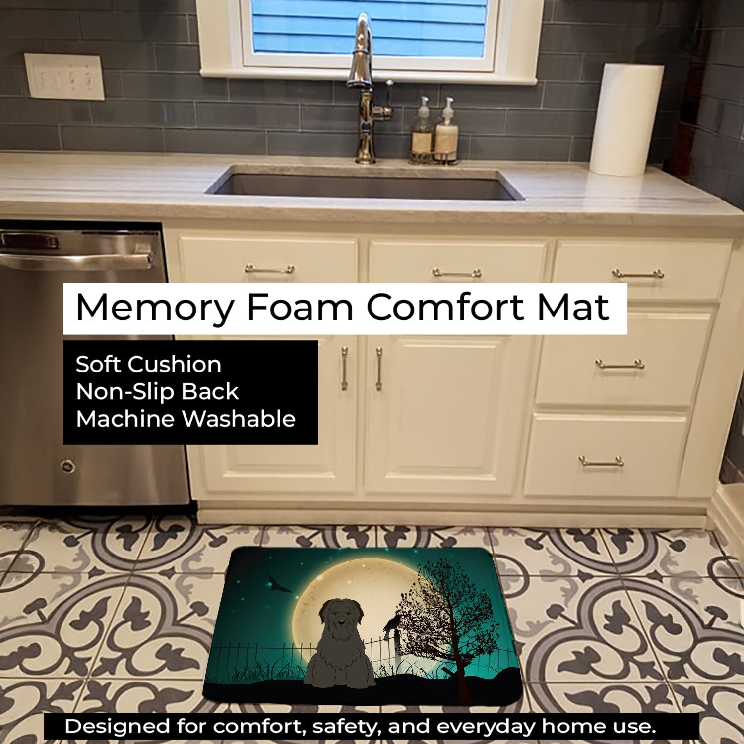 Halloween Scary Briard Black Memory Foam Kitchen Mat Machine Washable Anti-Fatigue Cushion Comfort Bath or Kitchen Rug