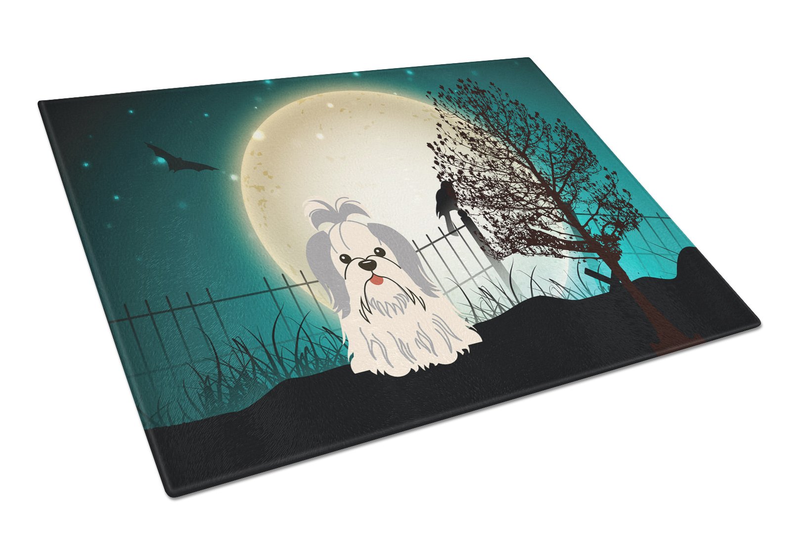Halloween Scary Shih Tzu Silver White Cutting Board Tempered Glass Kitchen Cutting Surface, Heat Resistant Chopping, Non-Slip Feet, Food Prep & Serving