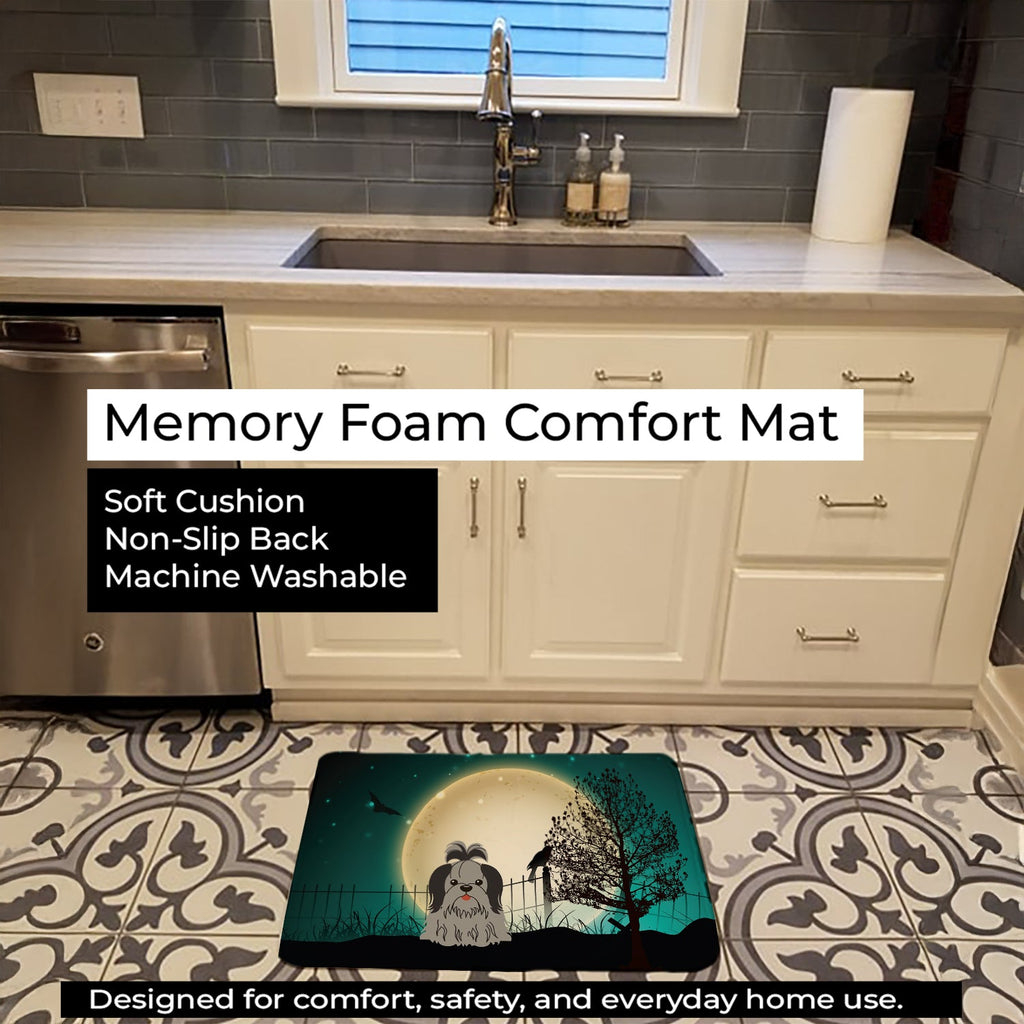 Halloween Scary Shih Tzu Black Silver Memory Foam Kitchen Mat Machine Washable Anti-Fatigue Cushion Comfort Bath or Kitchen Rug