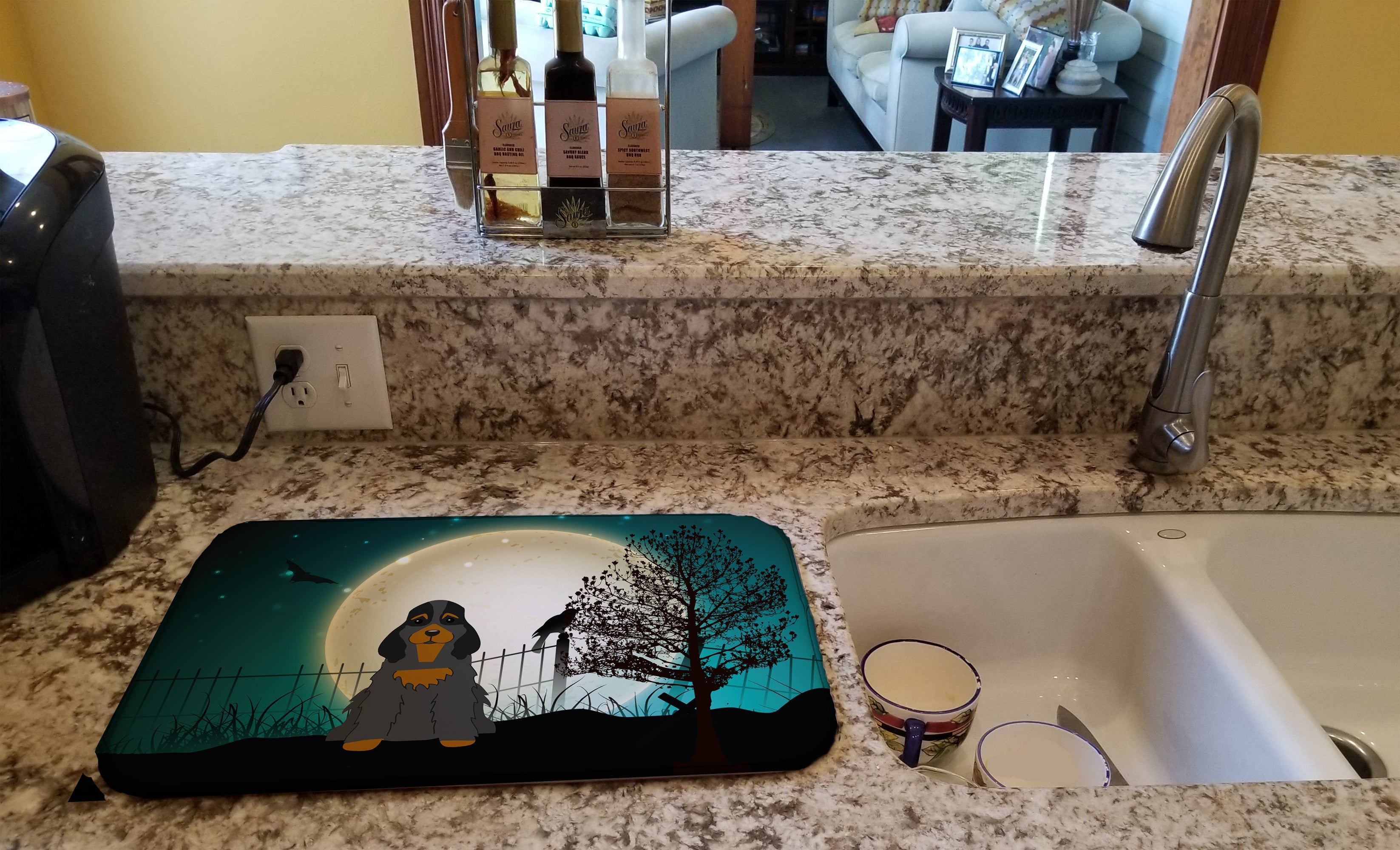 Halloween Scary Cocker Spaniel Black Tan Dish Drying Mat Absorbent Dish Drying Mat Pad for Kitchen Counter Dish Drainer Mat for Countertop, 14 x 21", Multicolor