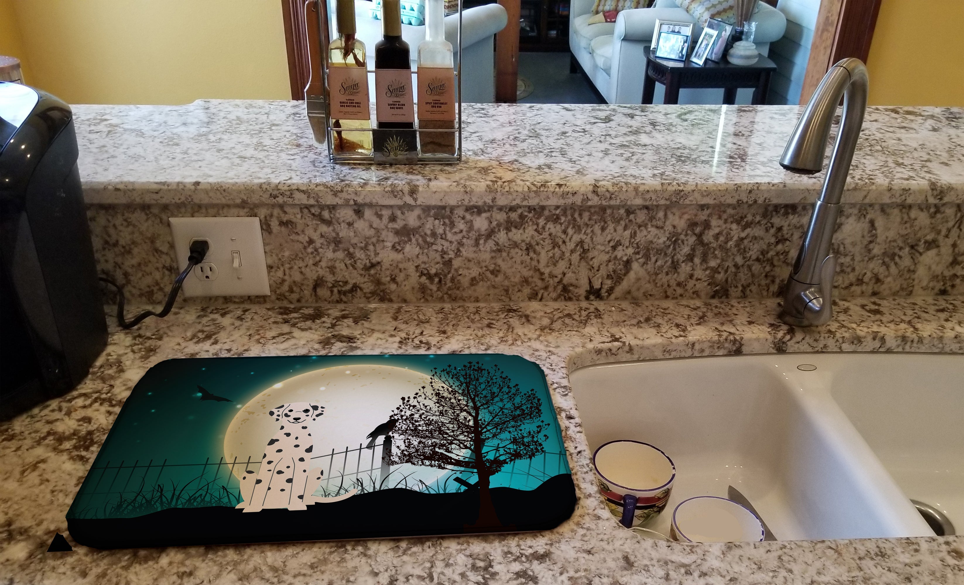 Halloween Scary Dalmatian Dish Drying Mat Absorbent Dish Drying Mat Pad for Kitchen Counter Dish Drainer Mat for Countertop, 14 x 21", Multicolor