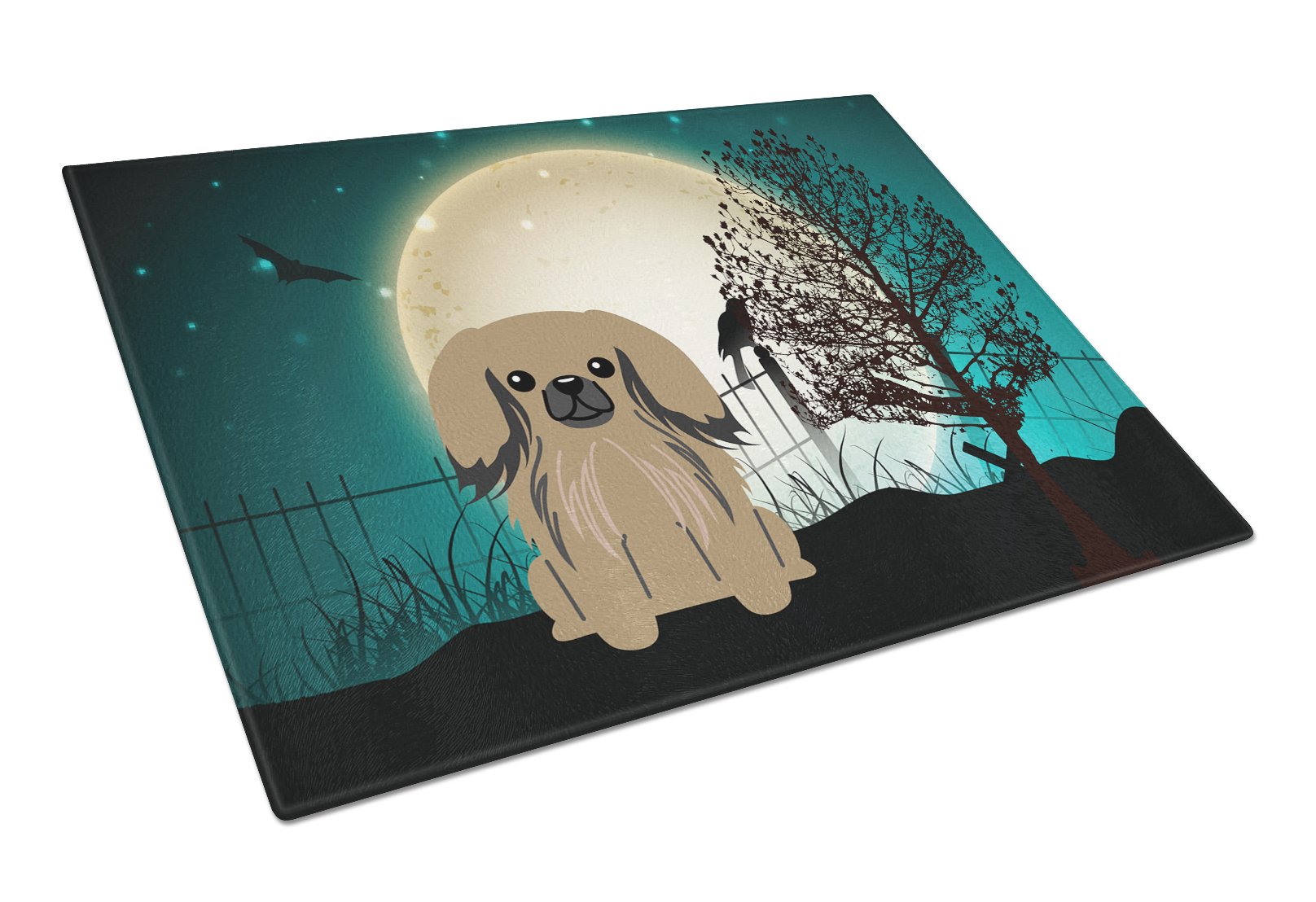 Halloween Scary Pekingese Tan Cutting Board Tempered Glass Kitchen Cutting Surface, Heat Resistant Chopping, Non-Slip Feet, Food Prep & Serving