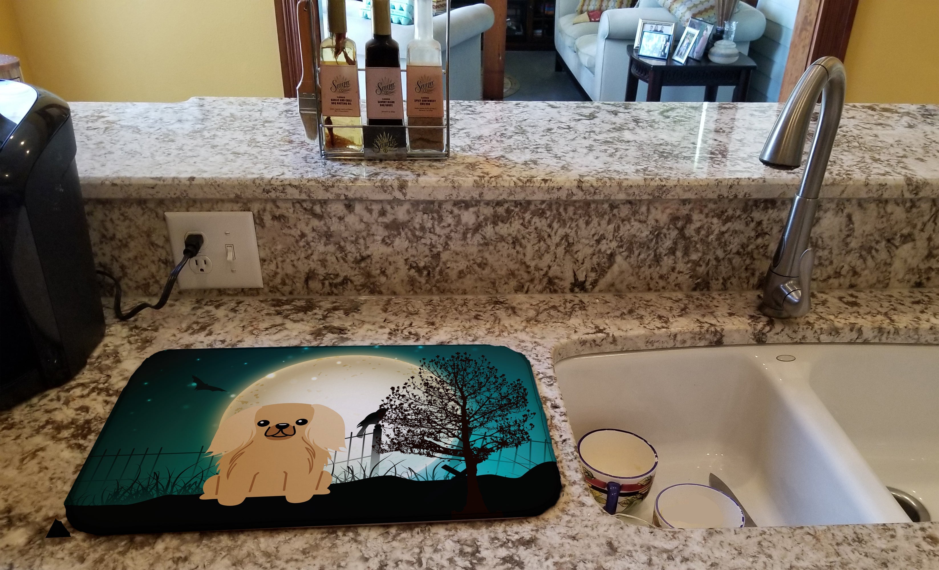 Halloween Scary Pekingese Fawn Sable Dish Drying Mat Absorbent Dish Drying Mat Pad for Kitchen Counter Dish Drainer Mat for Countertop, 14 x 21", Multicolor