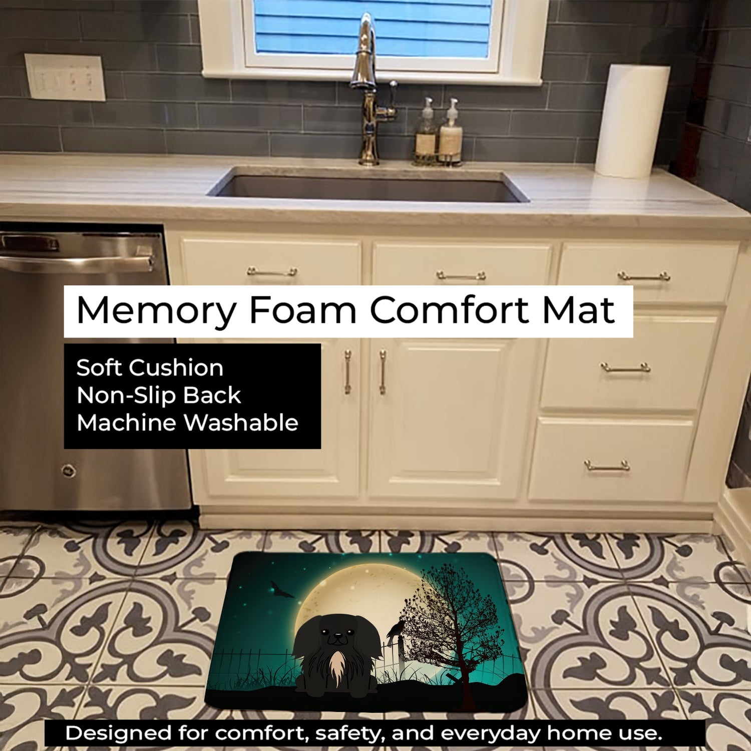 Halloween Scary Pekingese Black Memory Foam Kitchen Mat Machine Washable Anti-Fatigue Cushion Comfort Bath or Kitchen Rug