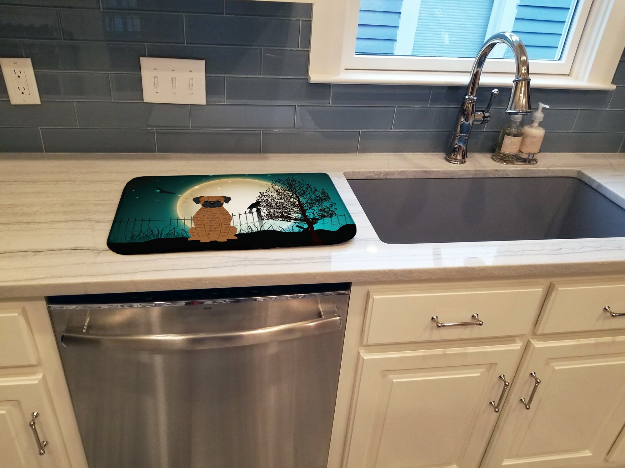 Halloween Scary Brindle Boxer Dish Drying Mat Absorbent Dish Drying Mat Pad for Kitchen Counter Dish Drainer Mat for Countertop, 14 x 21", Multicolor