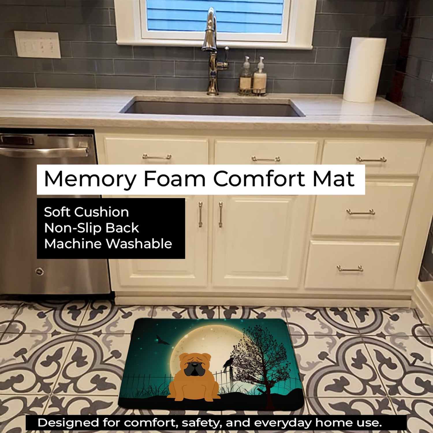 Halloween Scary  English Bulldog Red Memory Foam Kitchen Mat Machine Washable Anti-Fatigue Cushion Comfort Bath or Kitchen Rug