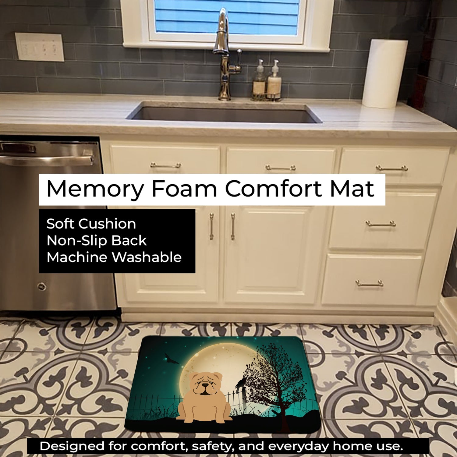 Halloween Scary  English Bulldog Fawn Memory Foam Kitchen Mat Machine Washable Anti-Fatigue Cushion Comfort Bath or Kitchen Rug