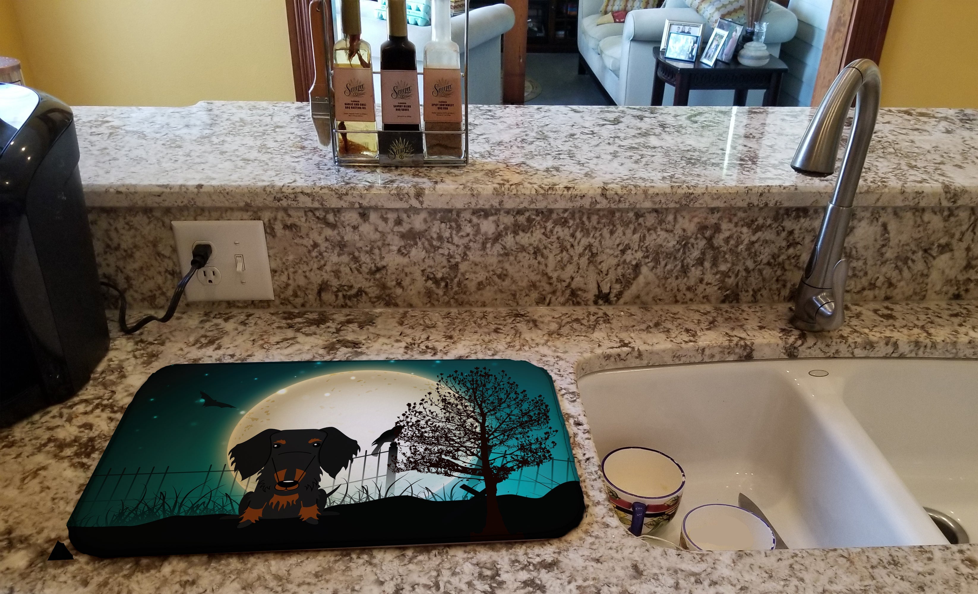 Halloween Scary Wire Haired Dachshund Black Tan Dish Drying Mat Absorbent Dish Drying Mat Pad for Kitchen Counter Dish Drainer Mat for Countertop, 14 x 21", Multicolor