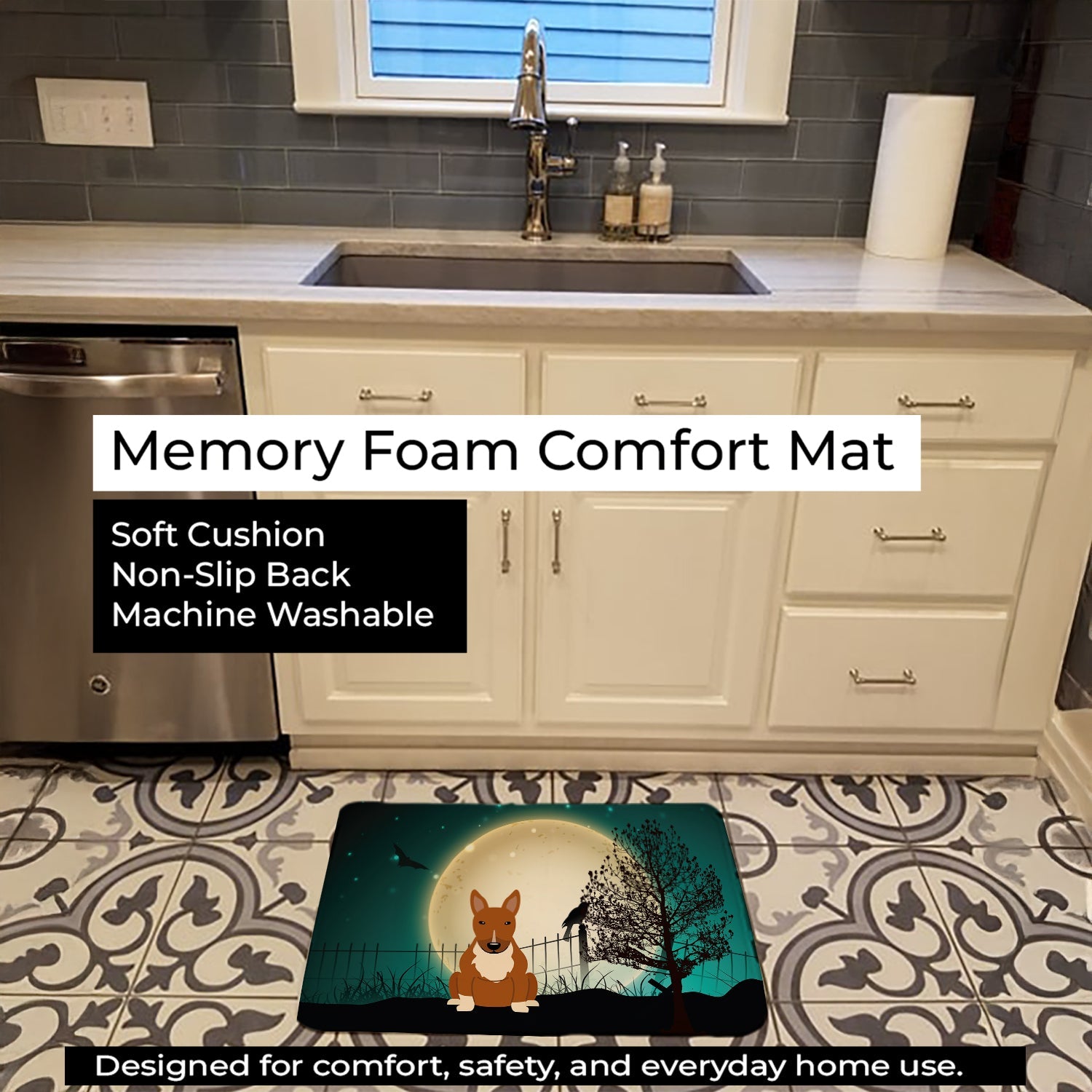 Halloween Scary Bull Terrier Red Memory Foam Kitchen Mat Machine Washable Anti-Fatigue Cushion Comfort Bath or Kitchen Rug