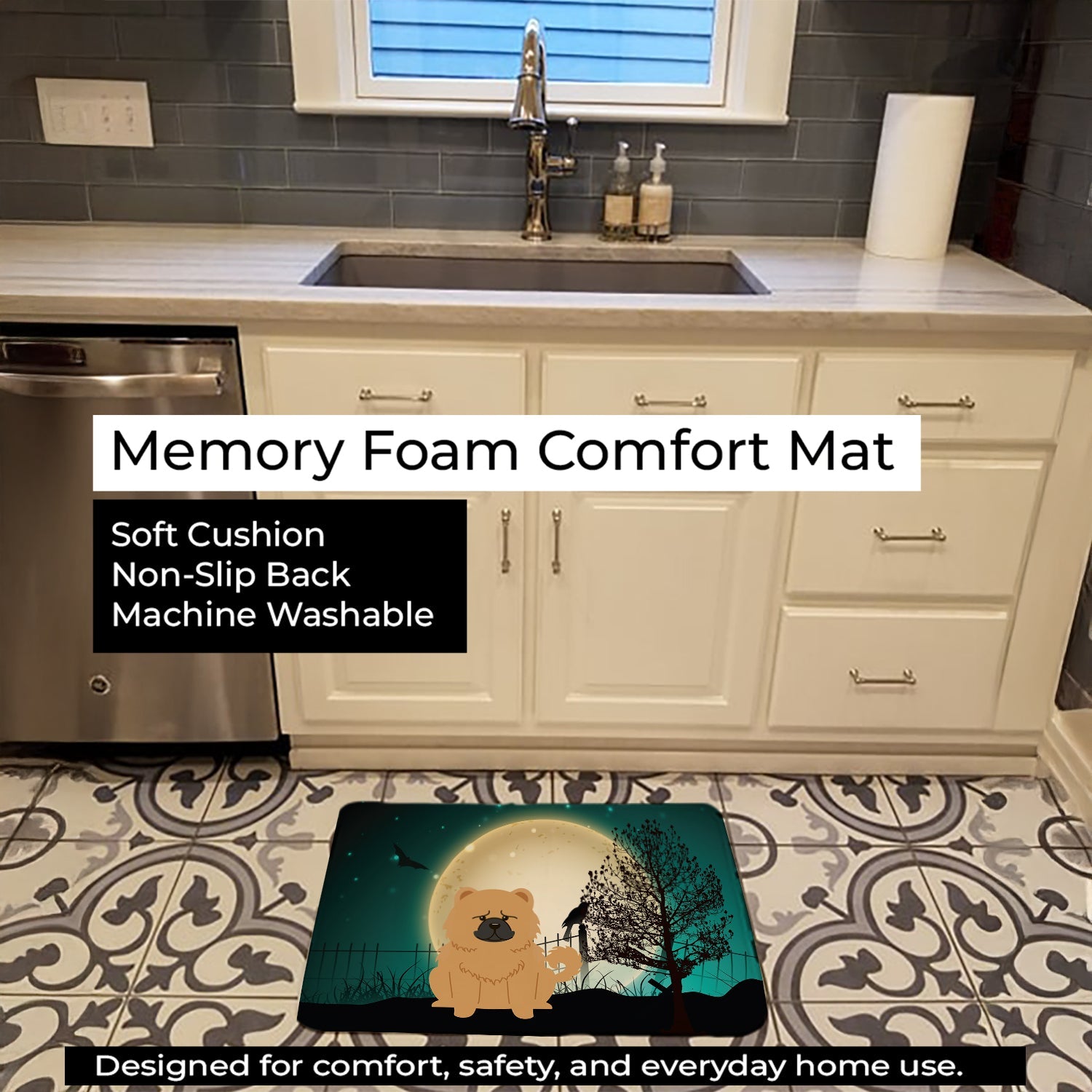 Halloween Scary Chow Chow Cream Memory Foam Kitchen Mat Machine Washable Anti-Fatigue Cushion Comfort Bath or Kitchen Rug