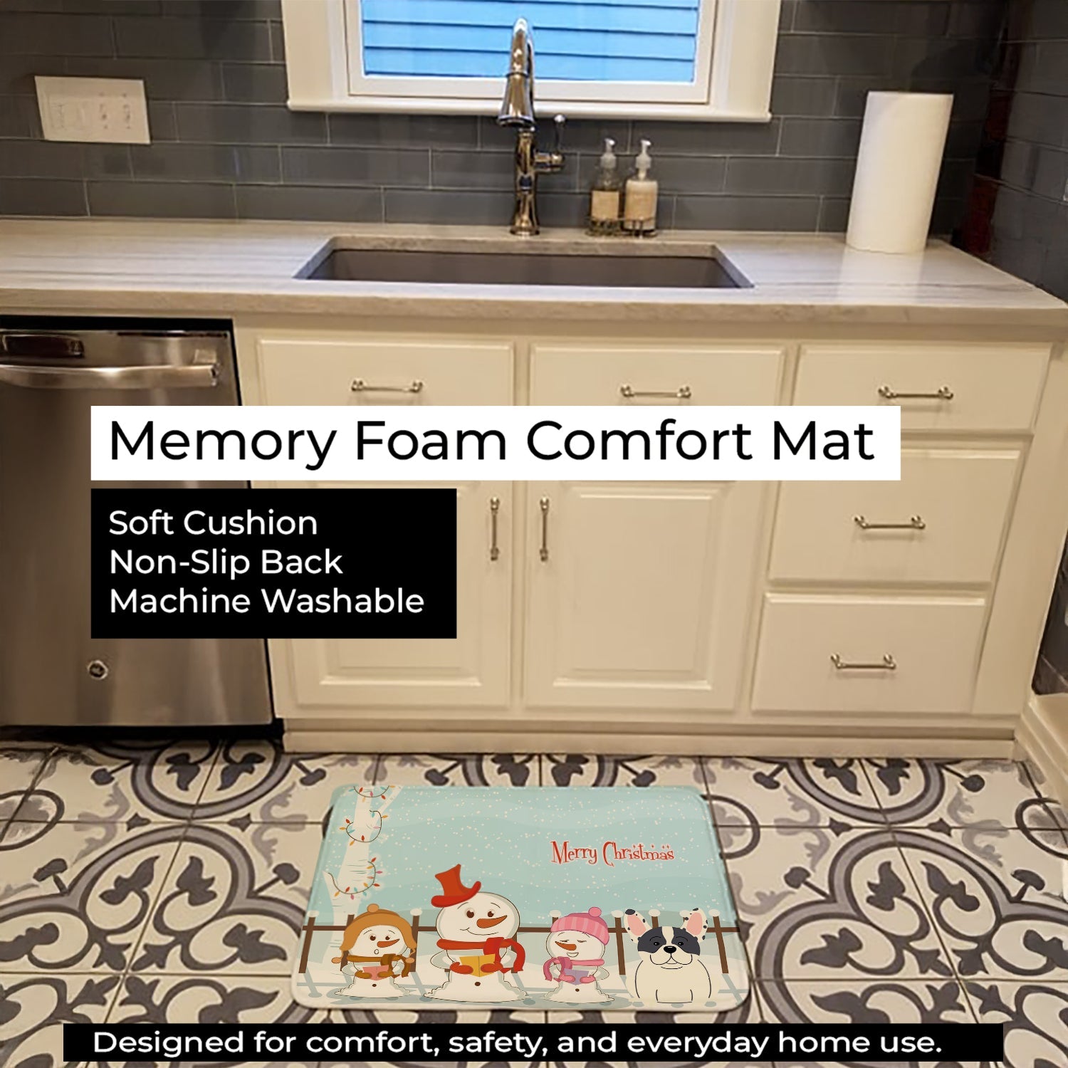 Merry Christmas Carolers French Bulldog Piebald Memory Foam Kitchen Mat Machine Washable Anti-Fatigue Cushion Comfort Bath or Kitchen Rug