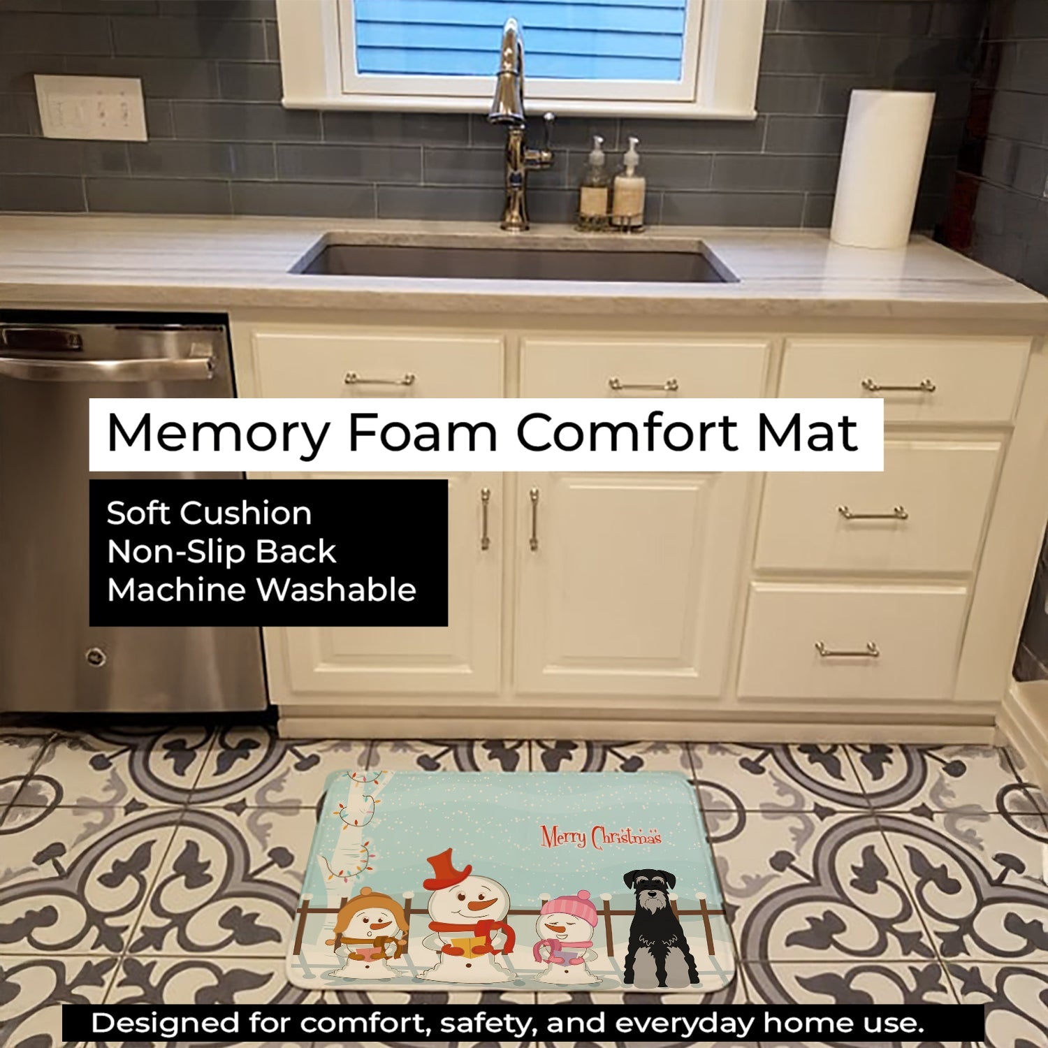 Merry Christmas Carolers Standard Schnauzer Black Grey Memory Foam Kitchen Mat Machine Washable Anti-Fatigue Cushion Comfort Bath or Kitchen Rug