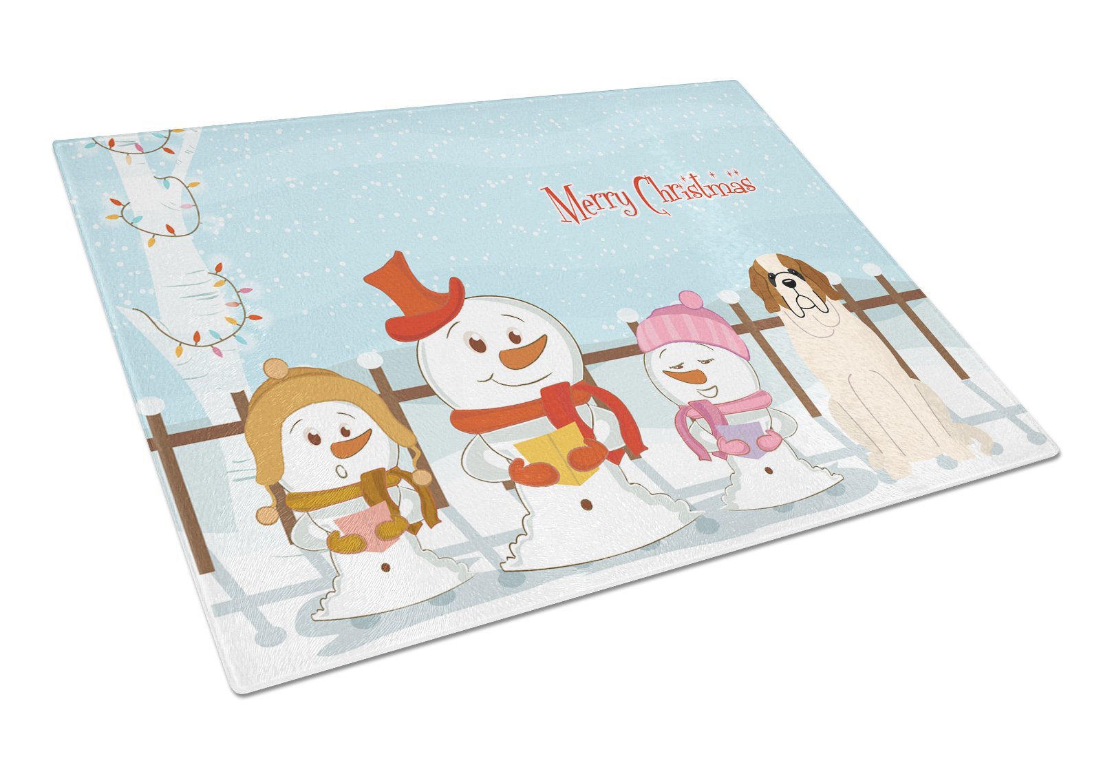 Merry Christmas Carolers Saint Bernard Cutting Board Tempered Glass Kitchen Cutting Surface, Heat Resistant Chopping, Non-Slip Feet, Food Prep & Serving