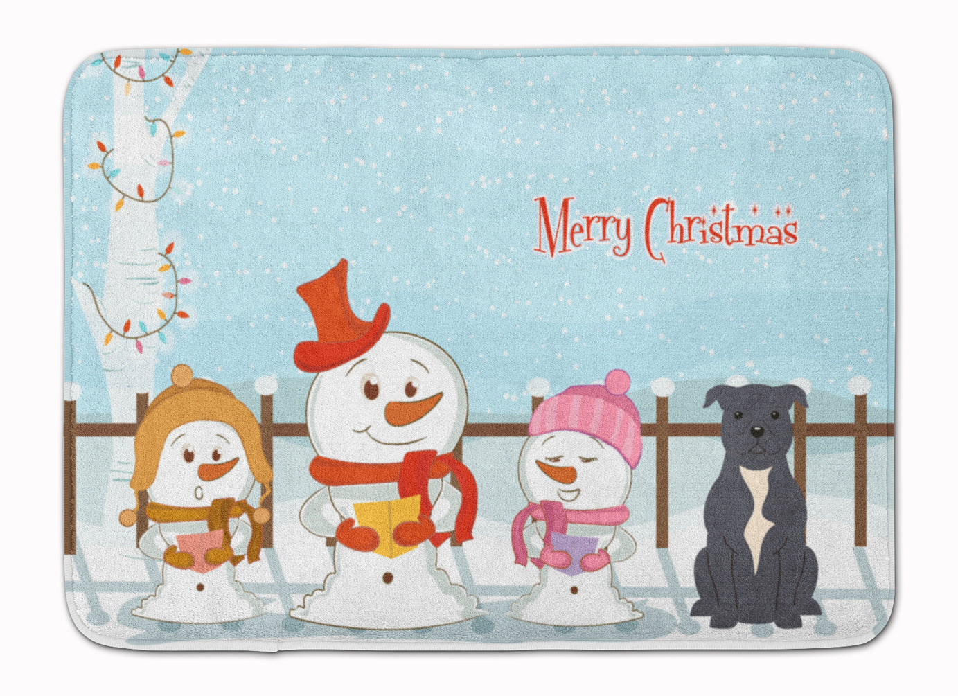 Merry Christmas Carolers Staffordshire Bull Terrier Blue Memory Foam Kitchen Mat Machine Washable Anti-Fatigue Cushion Comfort Bath or Kitchen Rug