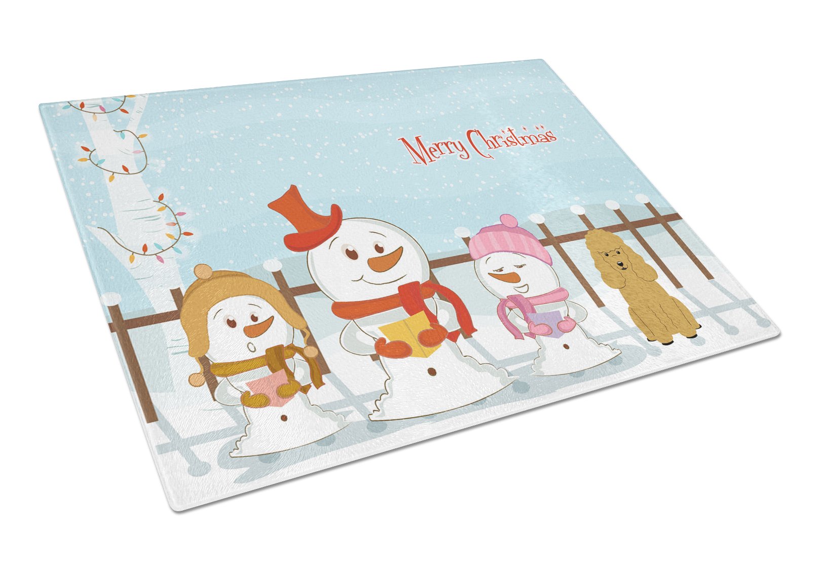 Merry Christmas Carolers Poodle Tan Cutting Board Tempered Glass Kitchen Cutting Surface, Heat Resistant Chopping, Non-Slip Feet, Food Prep & Serving