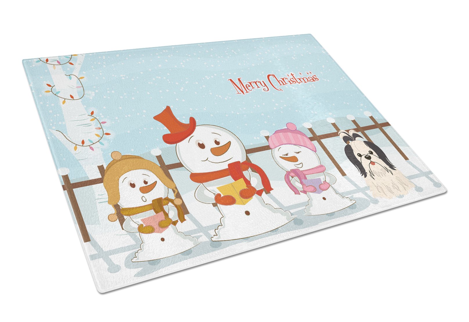 Merry Christmas Carolers Shih Tzu Black White Cutting Board Tempered Glass Kitchen Cutting Surface, Heat Resistant Chopping, Non-Slip Feet, Food Prep & Serving